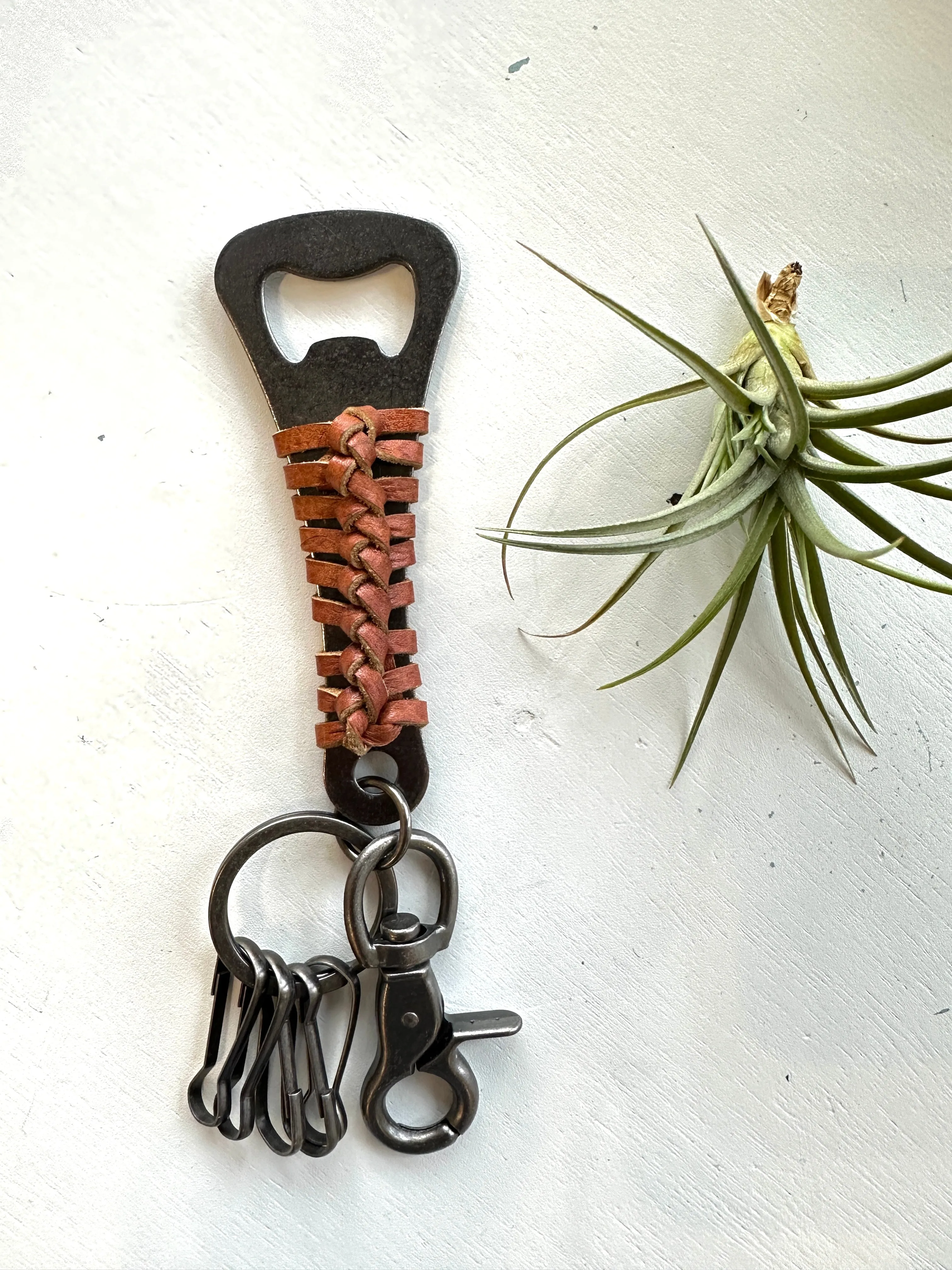 Handmade Bottle Opener Wrap with Genuine Leather Keyring