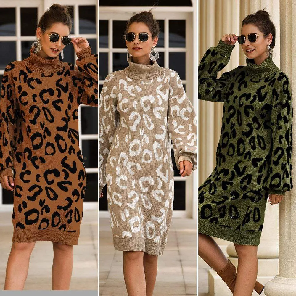 Haute Edition Women's Leopard Print Thick Knit Turtleneck Balloon Sleeve Sweater Dress