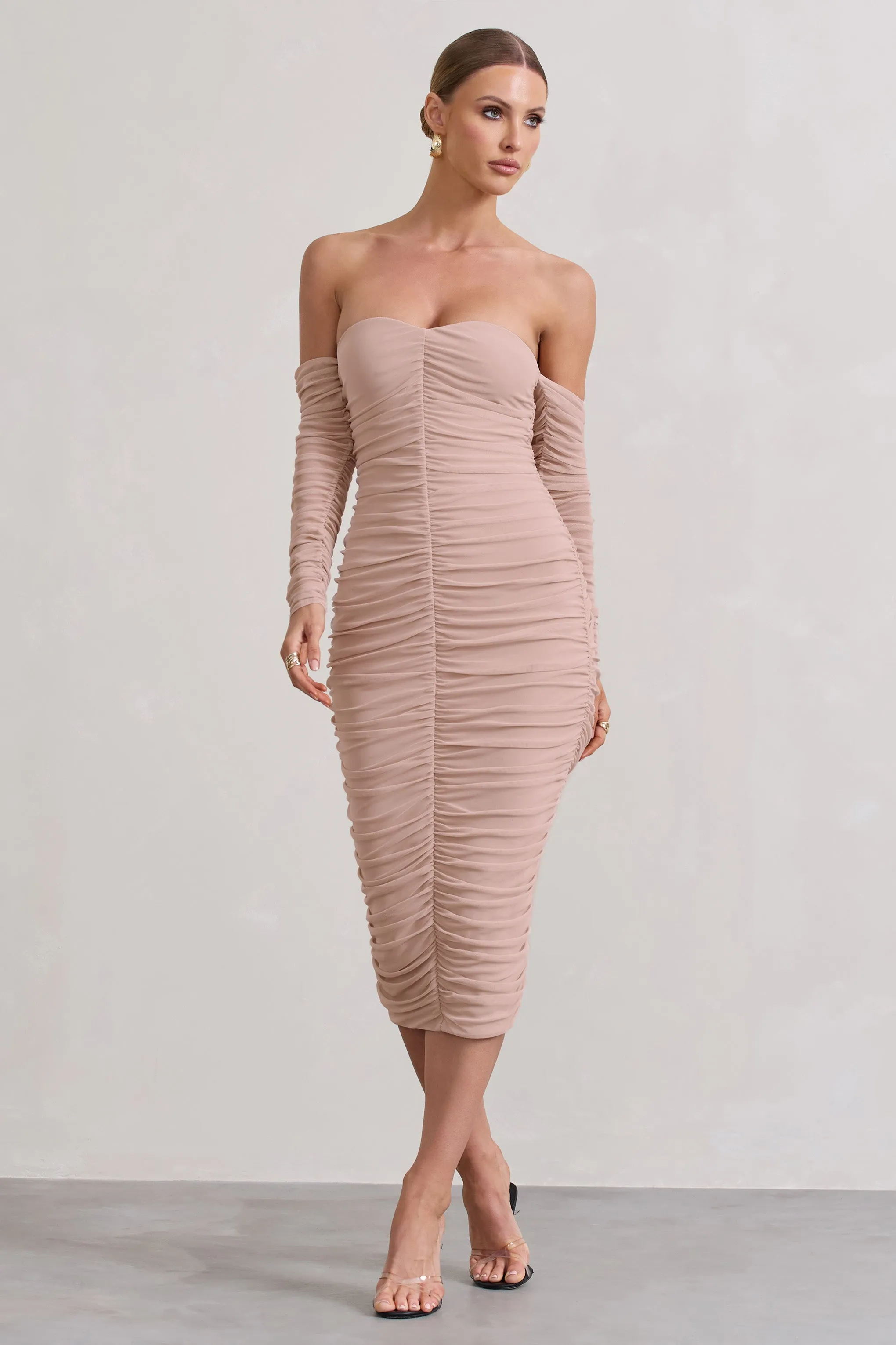 Indy | Champagne Ruched Strapless Long-Sleeve Midi Dress