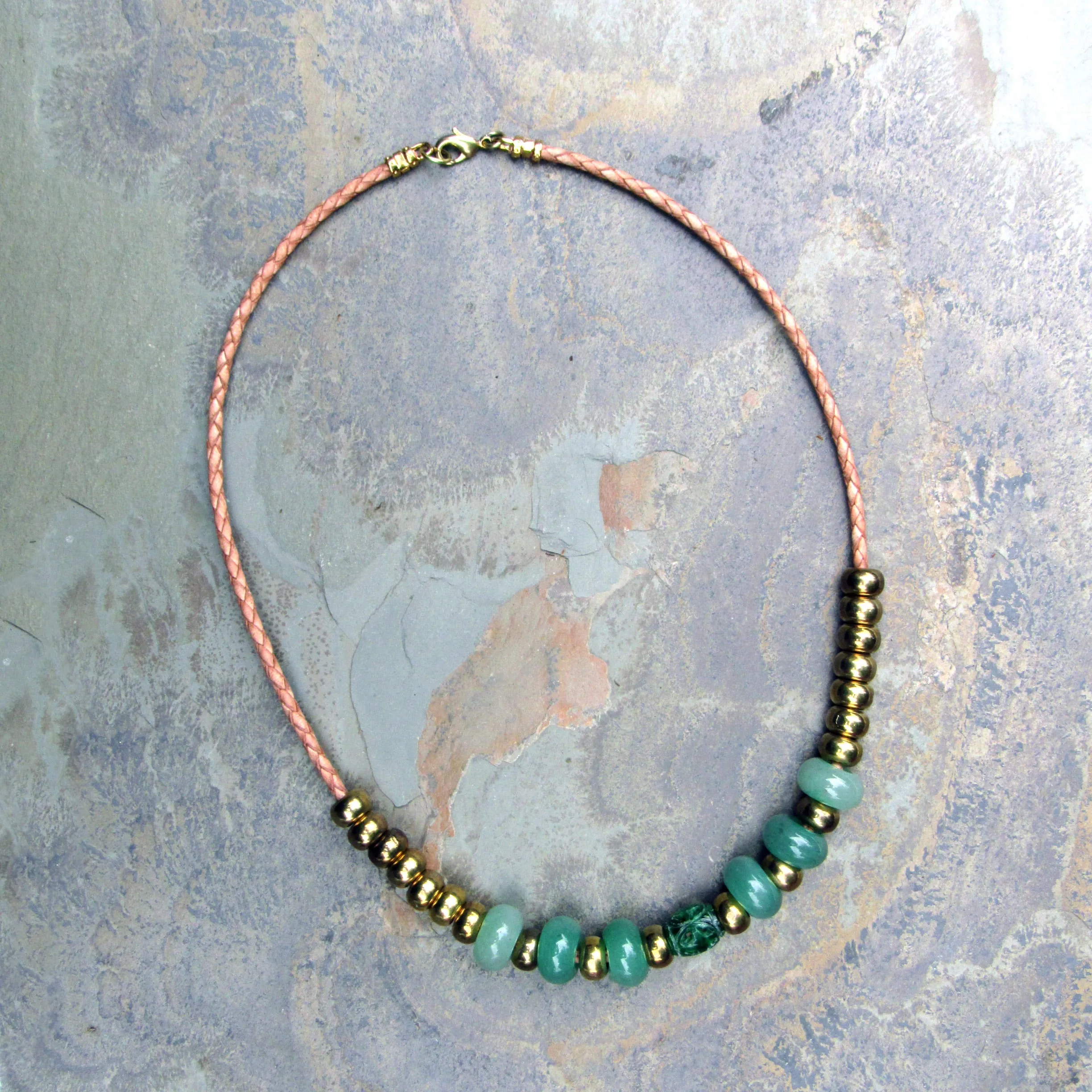 Jade gemstone, Aventurine, and Brass on genuine leather Necklace