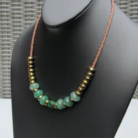 Jade gemstone, Aventurine, and Brass on genuine leather Necklace