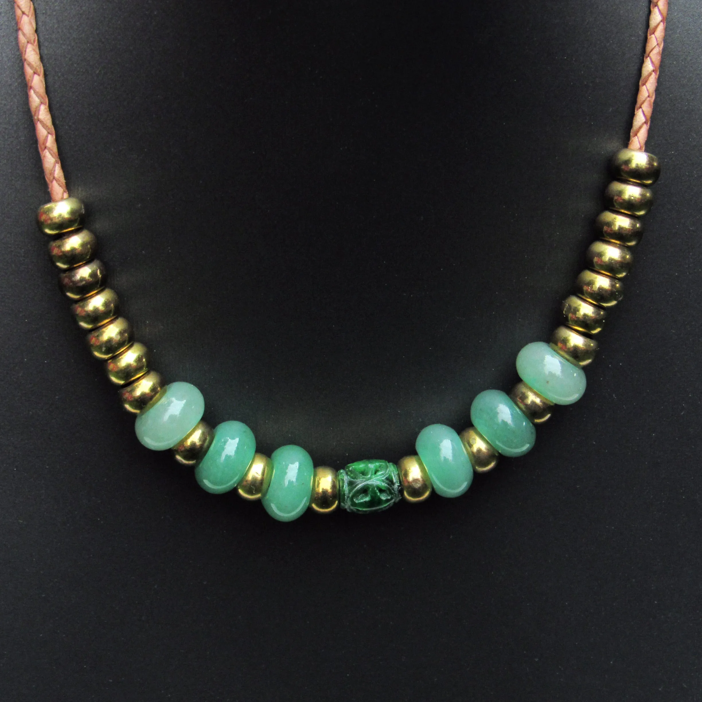 Jade gemstone, Aventurine, and Brass on genuine leather Necklace