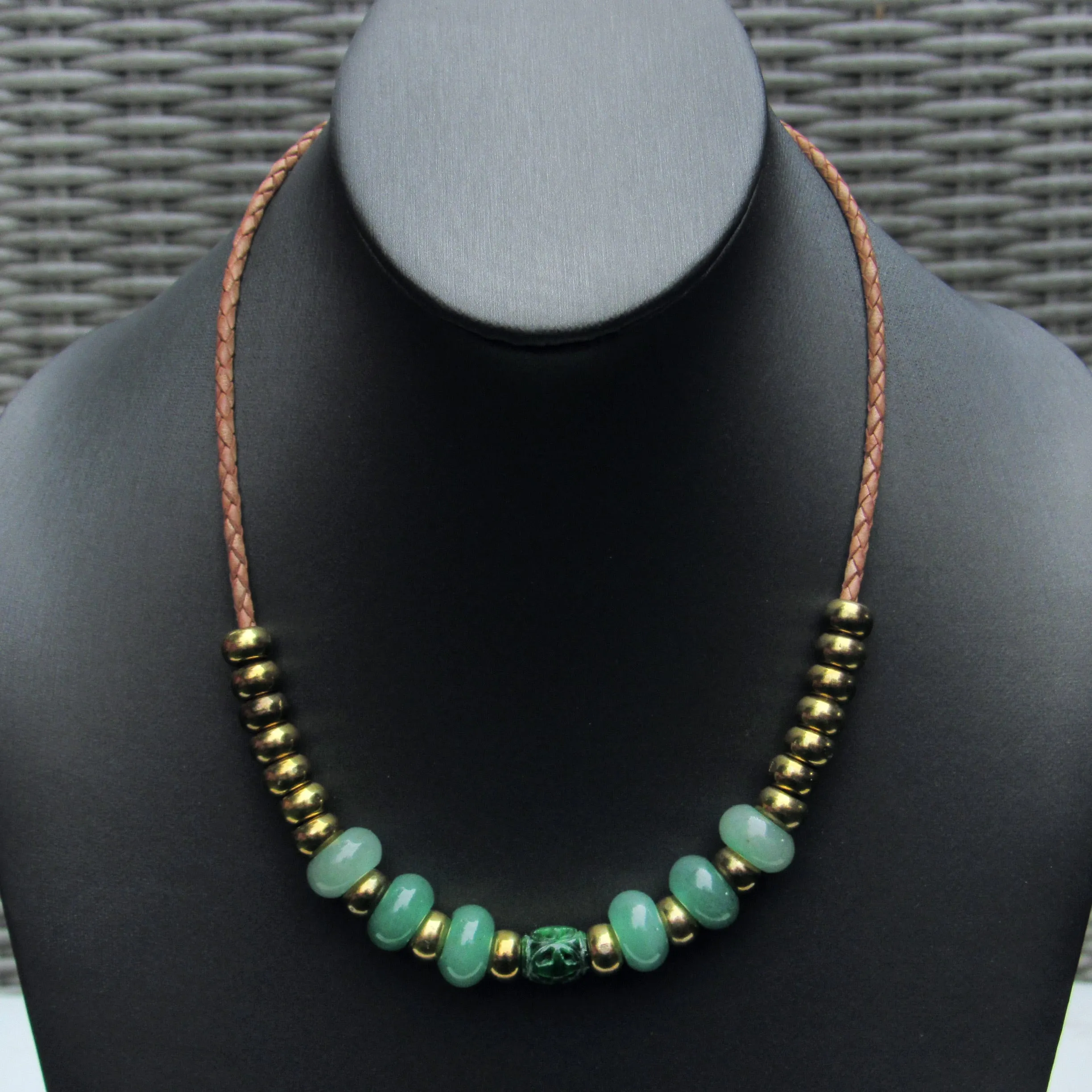 Jade gemstone, Aventurine, and Brass on genuine leather Necklace