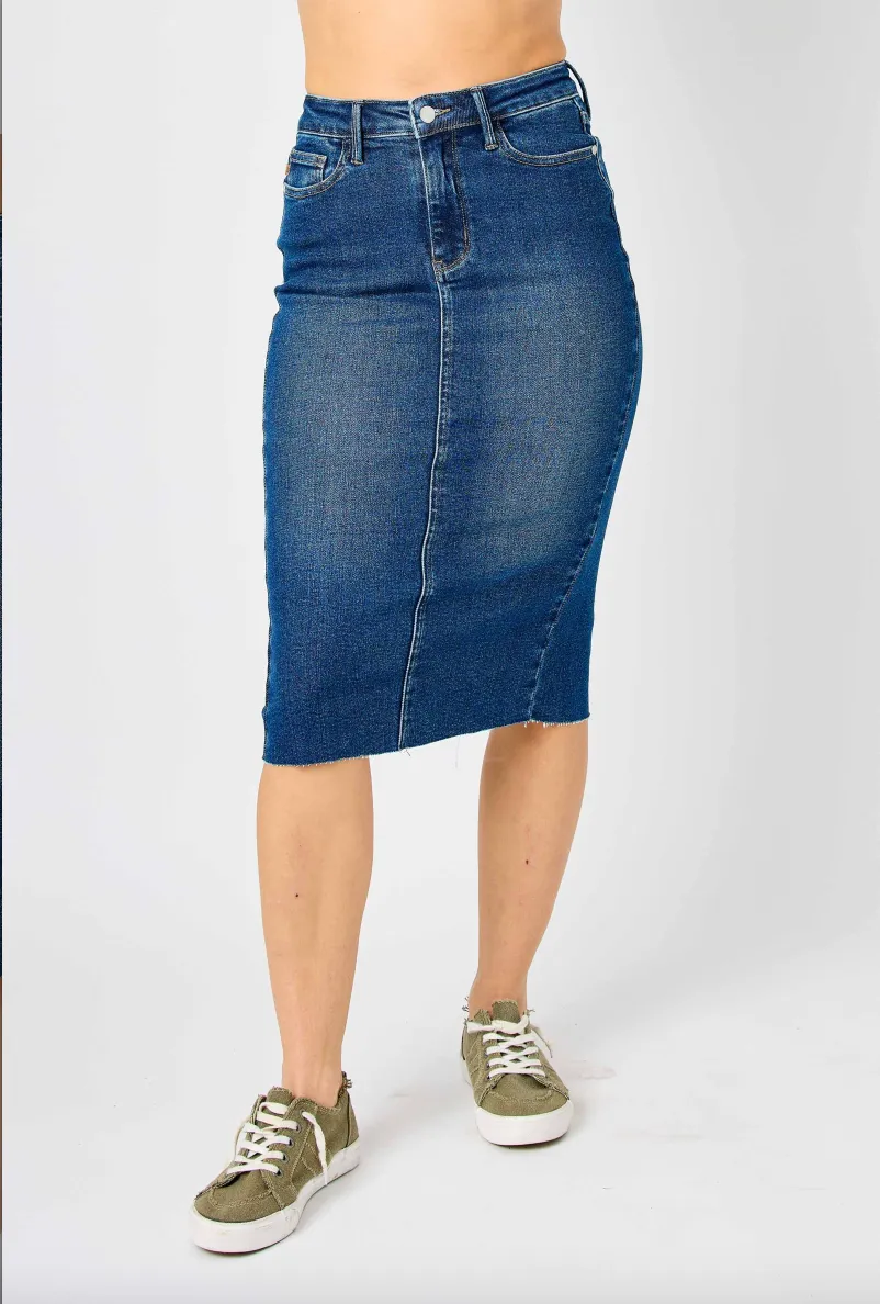 Judy Blue Denim Back Slit Raw Hem Skirt