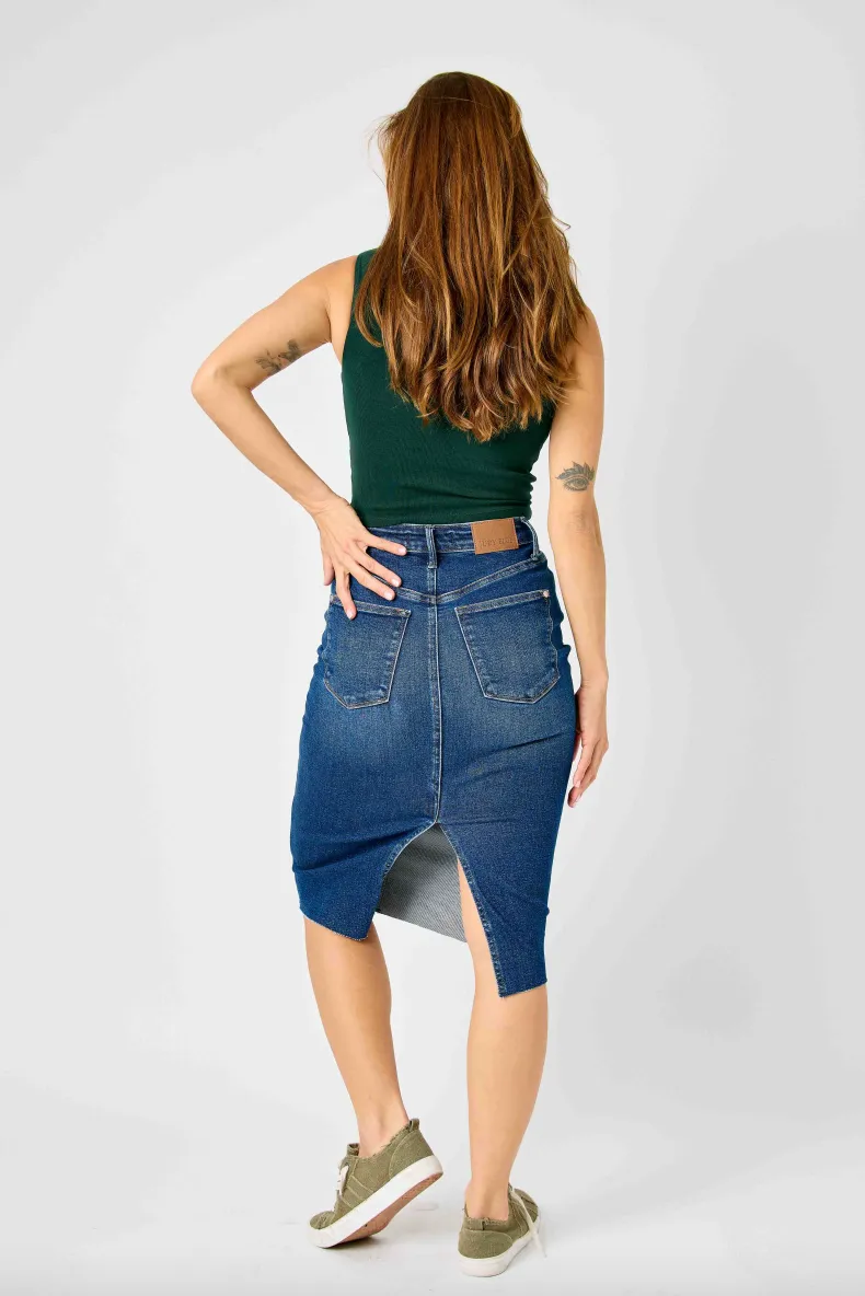 Judy Blue Denim Back Slit Raw Hem Skirt