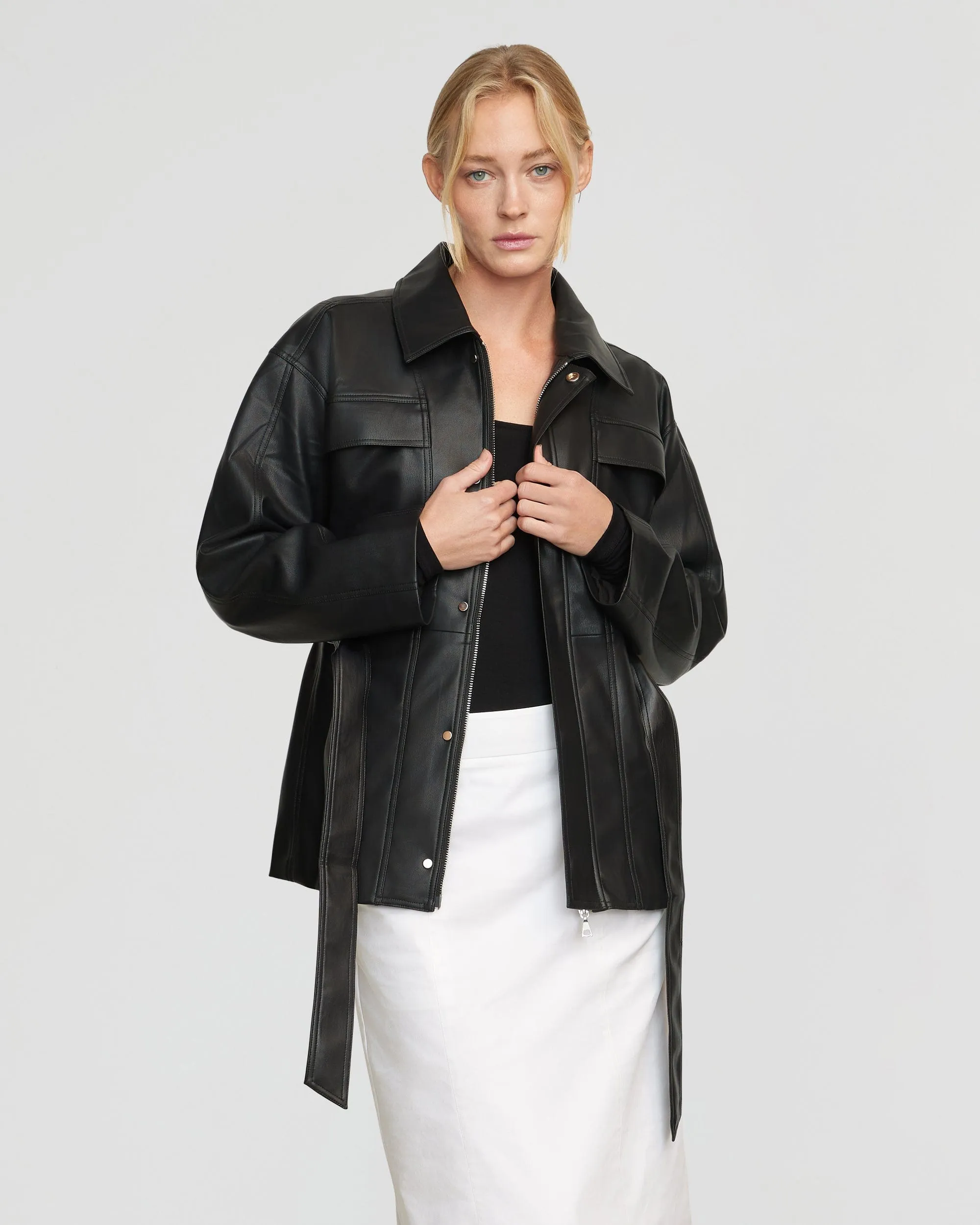 Kaden Tie-Waist Vegan Leather Jacket