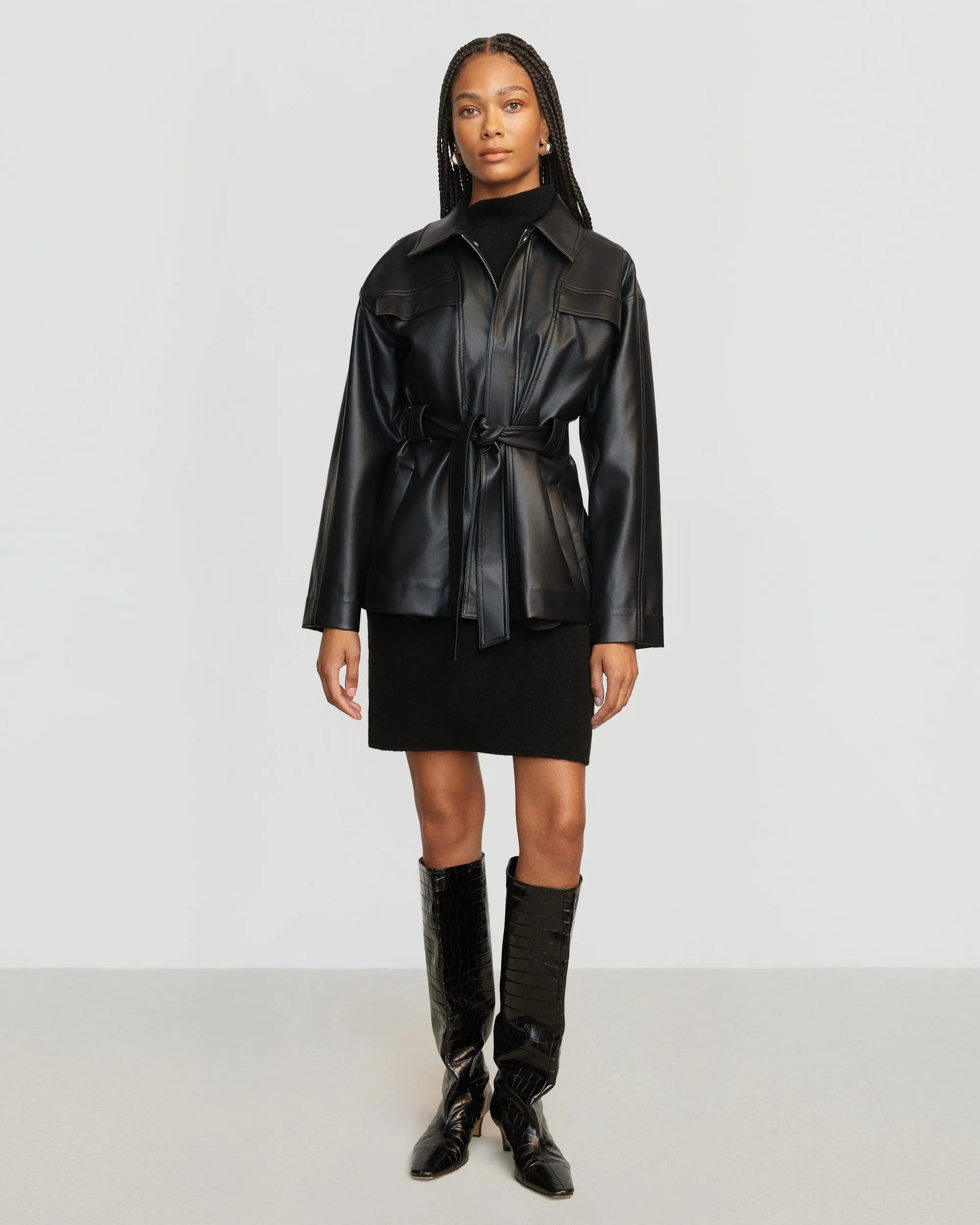 Kaden Tie-Waist Vegan Leather Jacket