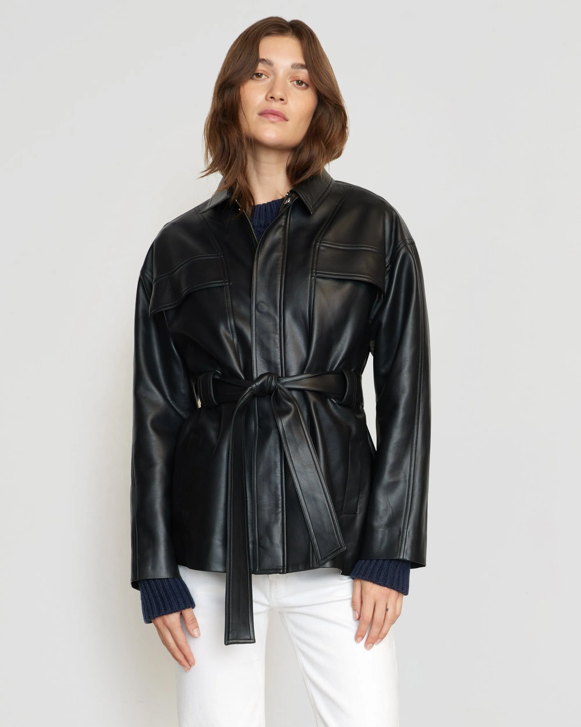 Kaden Tie-Waist Vegan Leather Jacket