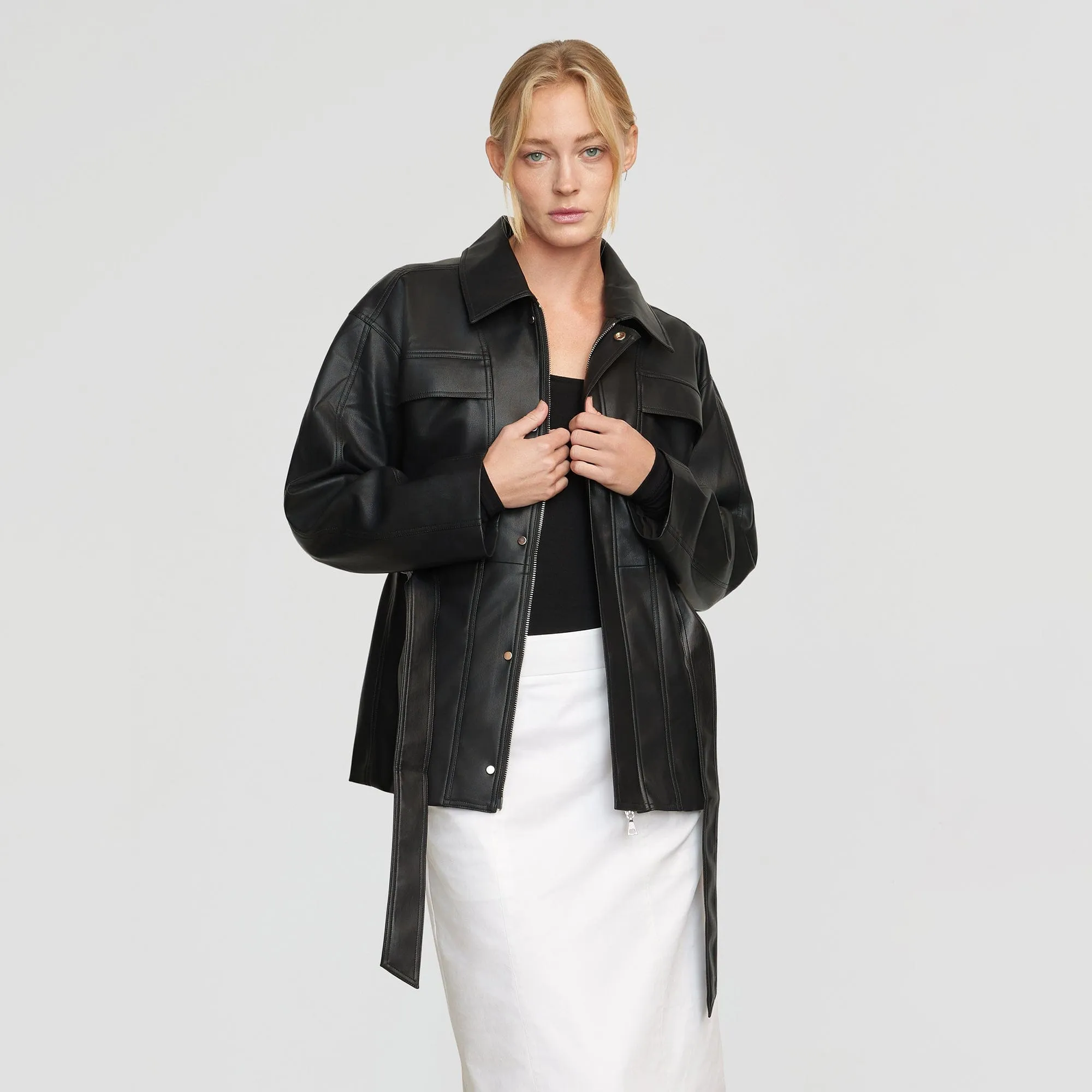 Kaden Tie-Waist Vegan Leather Jacket