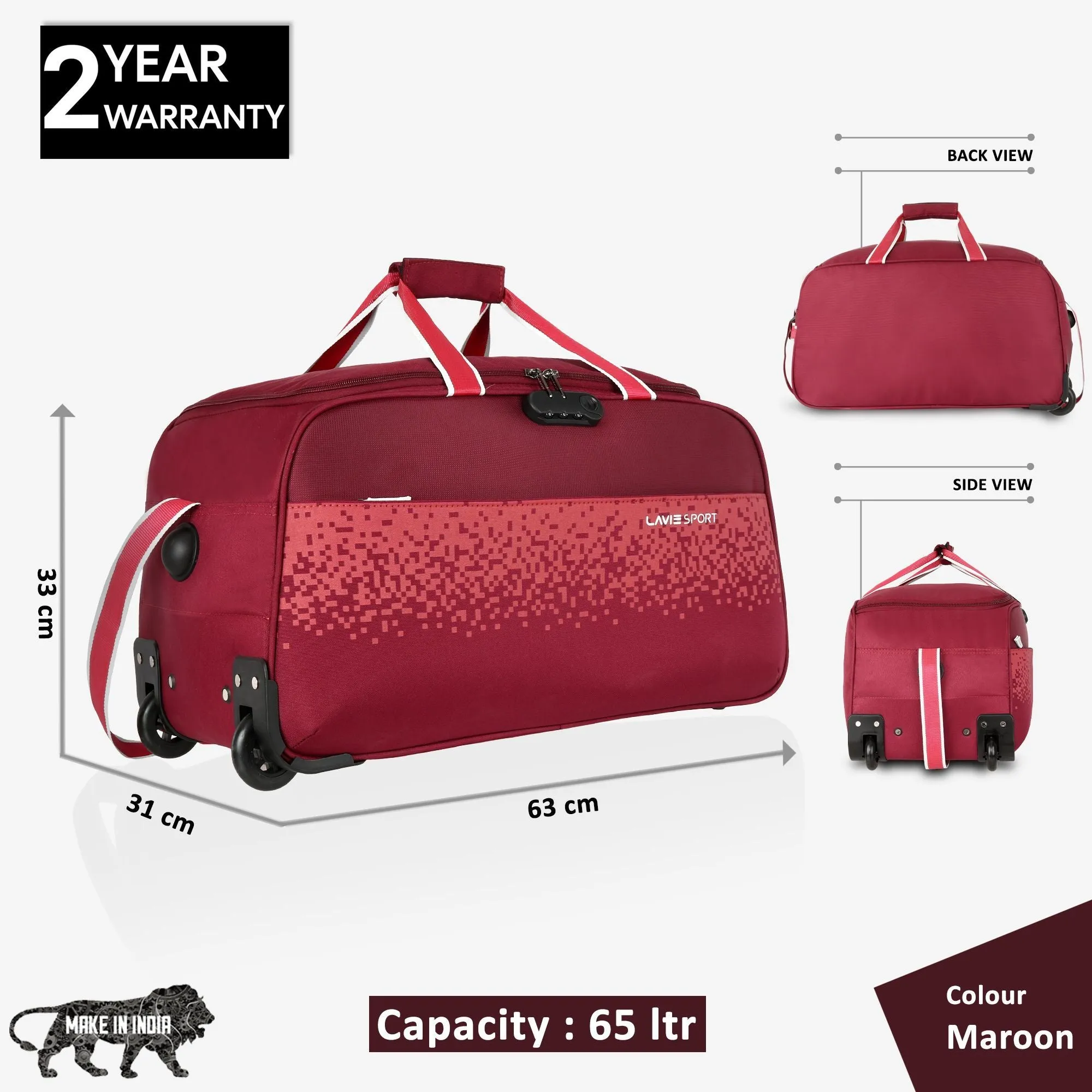 Lavie Sport Cabin Size 56 Litre Pixel Wheel Duffle Bag| | 2 Wheel Duffle Bag Maroon