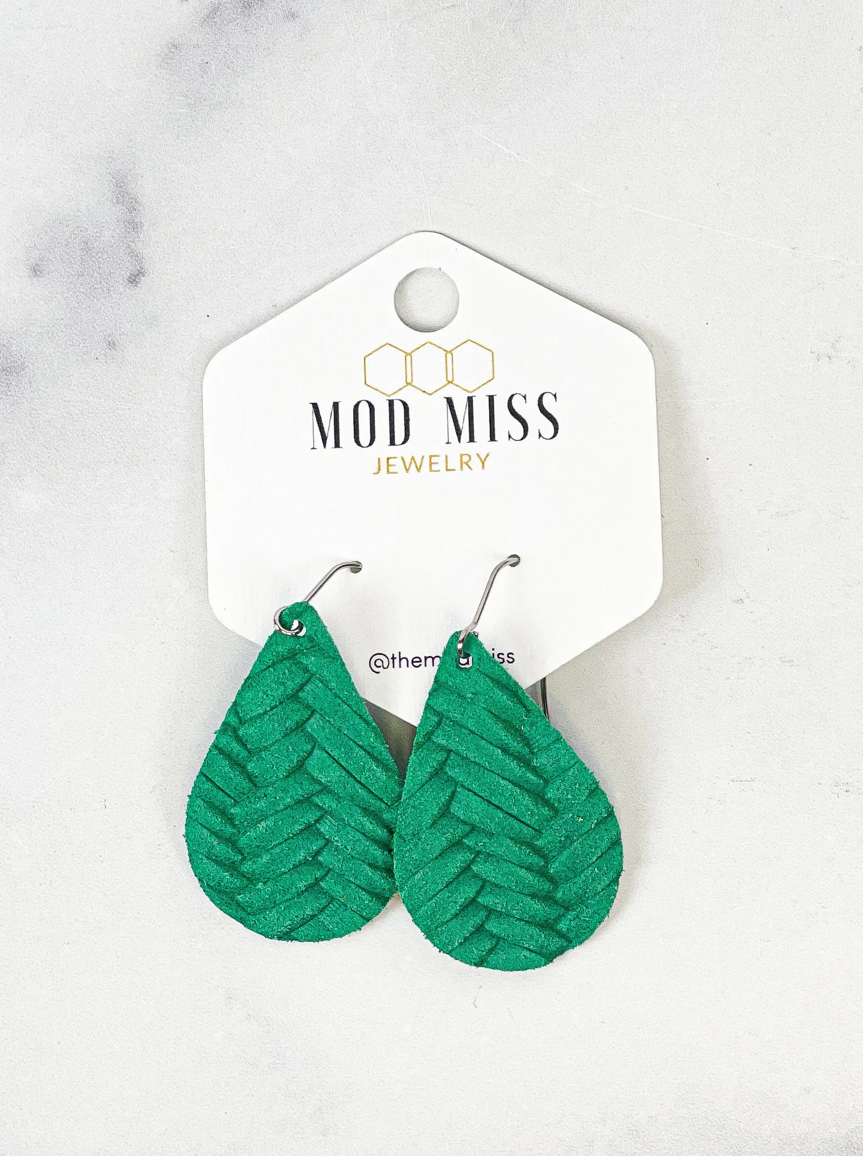 Leather Teardrop Earring Weaved Kelly Green