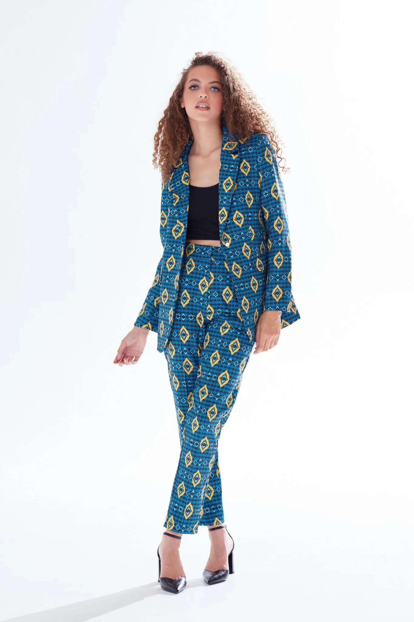 Liquorish African Print Suit Blazer In Blue, Yellow, Navy