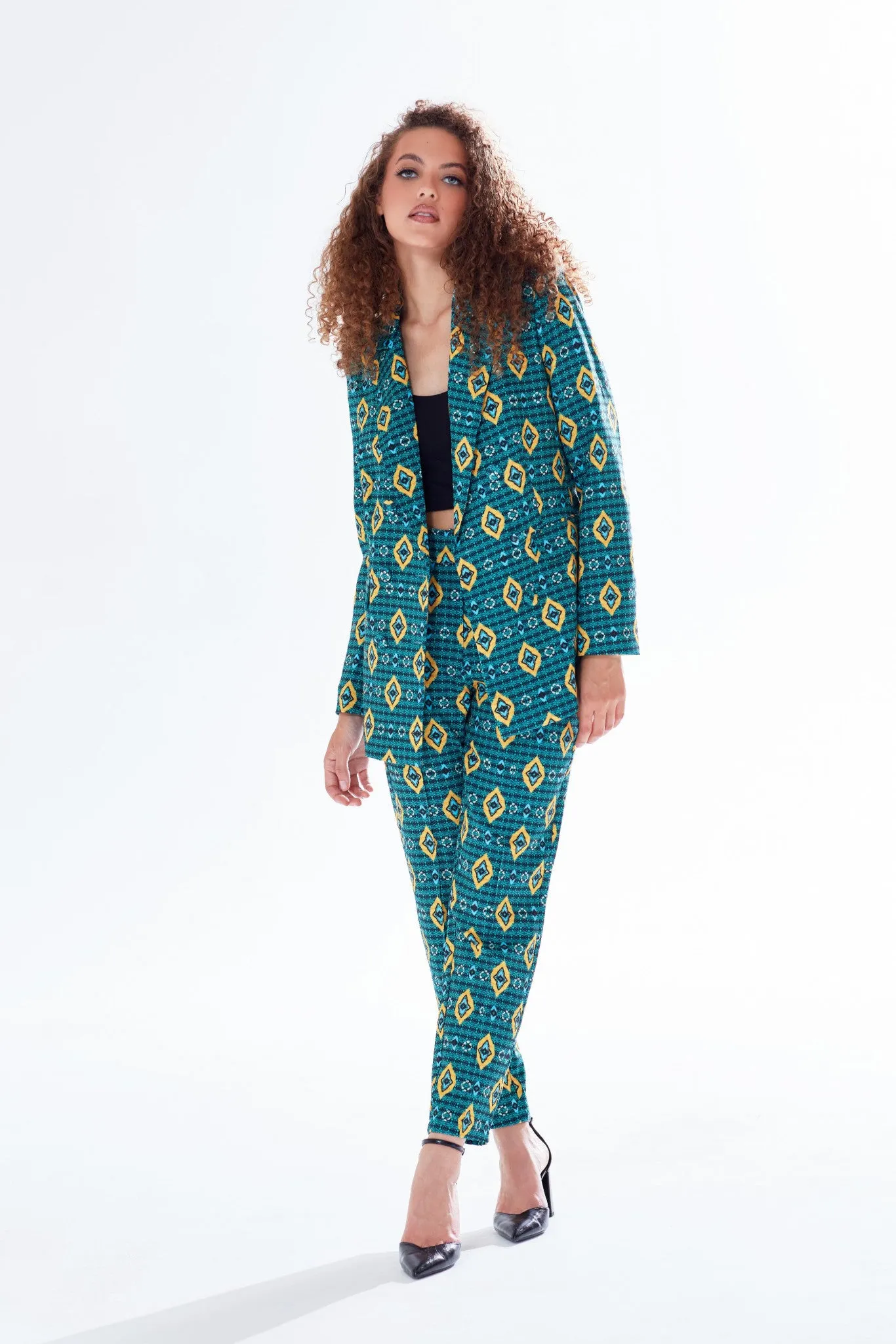 Liquorish African Print Suit Blazer In Blue, Yellow, Navy