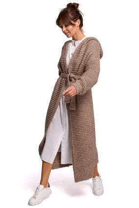 Long Hooded Cardigan with Belt Brown