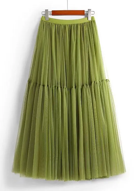 Loose Green Wrinkled Elastic Waist Tulle Skirts Summer AS1039