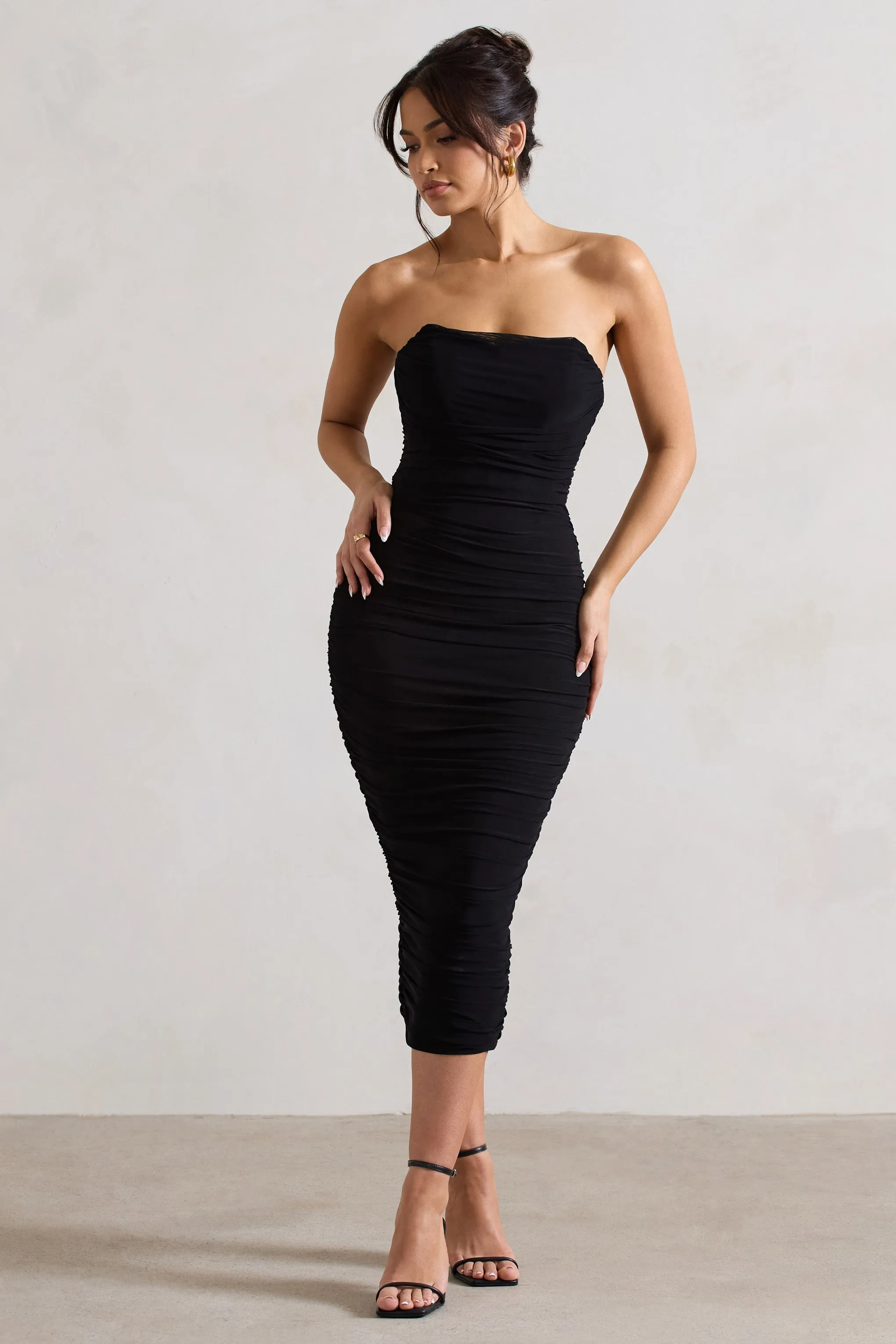 Nylah | Black Ruched Corset Bodycon Midi Dress