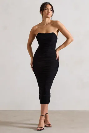 Nylah | Black Ruched Corset Bodycon Midi Dress