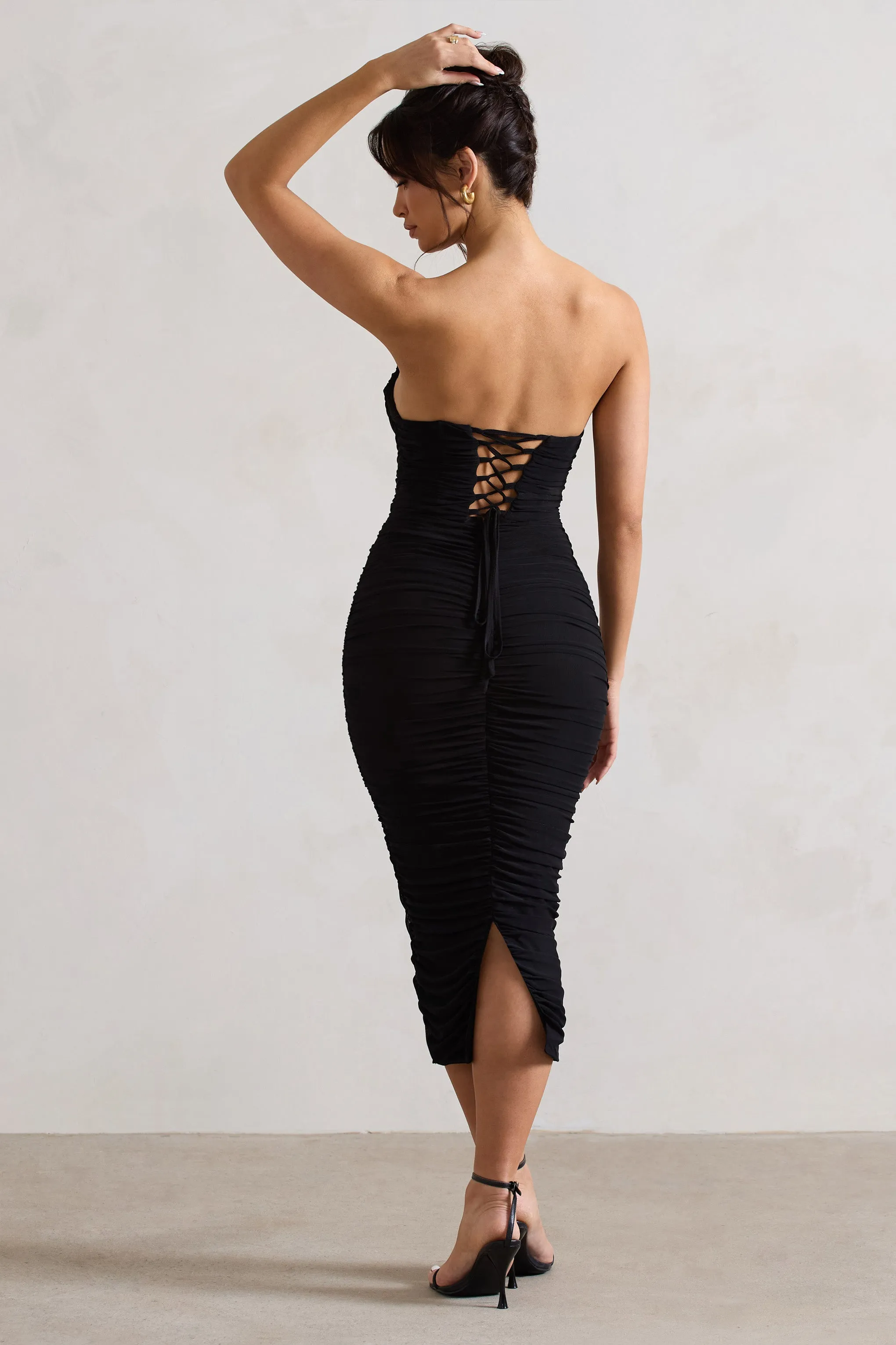 Nylah | Black Ruched Corset Bodycon Midi Dress