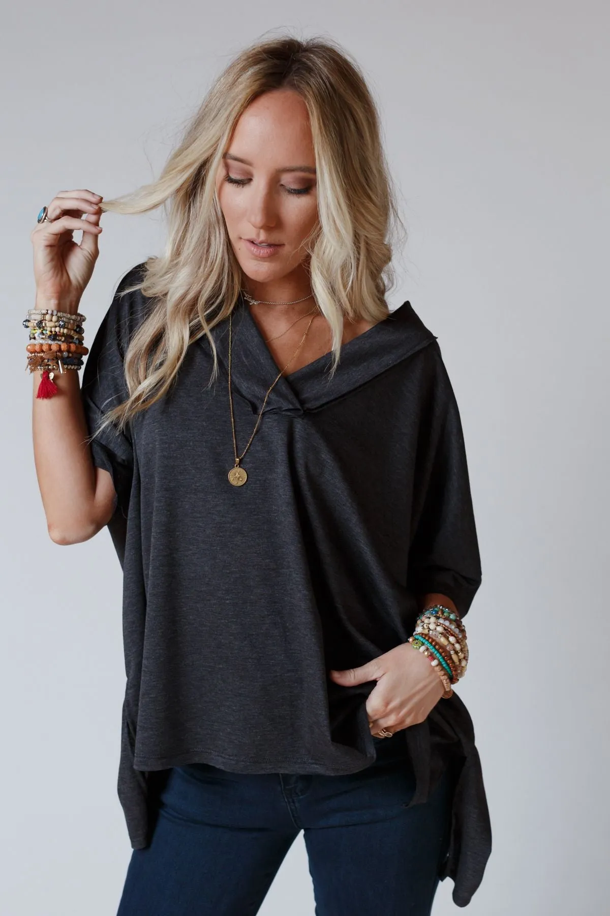 On The Go V Neck Essential Tee - Charcoal