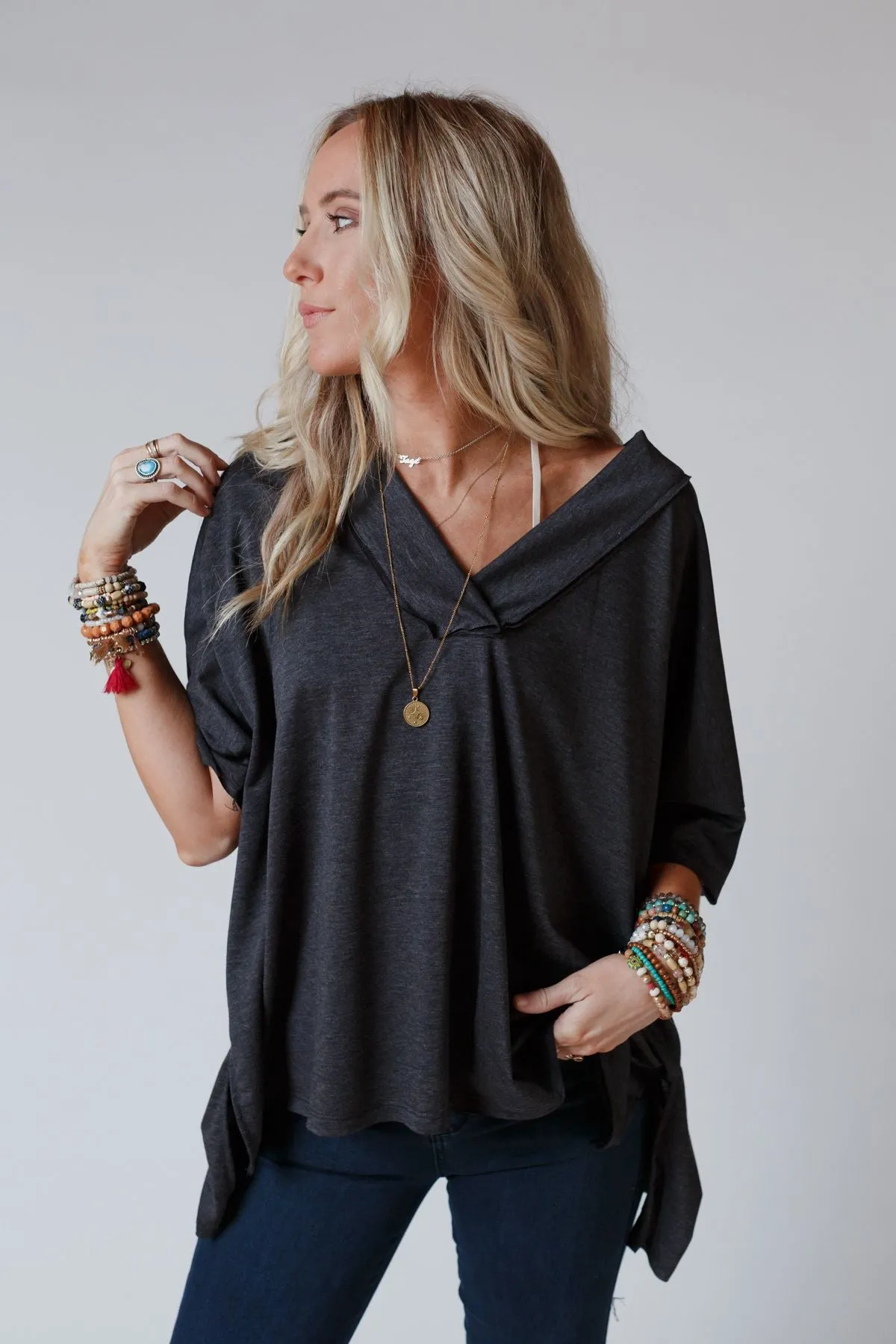 On The Go V Neck Essential Tee - Charcoal