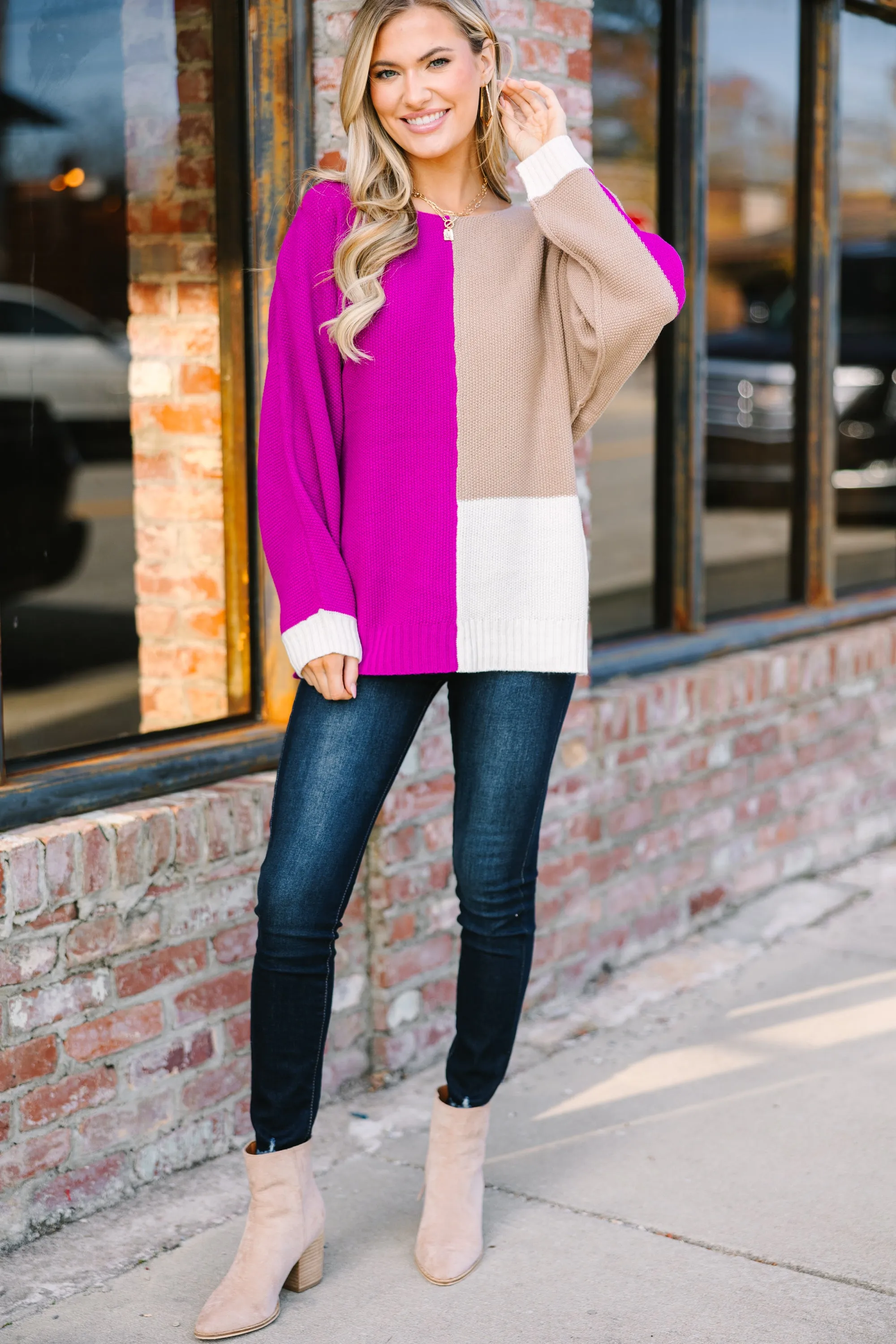 Once Around The Block Magenta Purple Colorblock Sweater