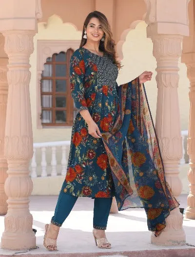 Peacock Blue Floral Rayon Silk Nyra Cut Salwar Suit Set