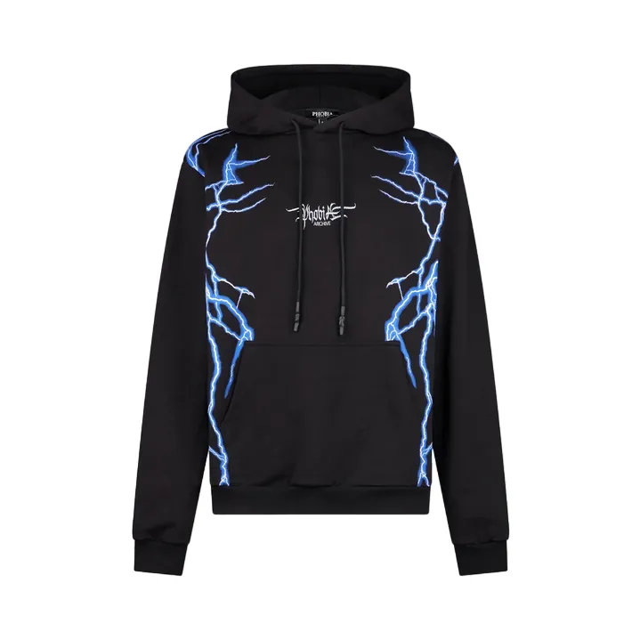 Phobia men's hooded sweatshirt with blue lightning print PH00412BLUE black