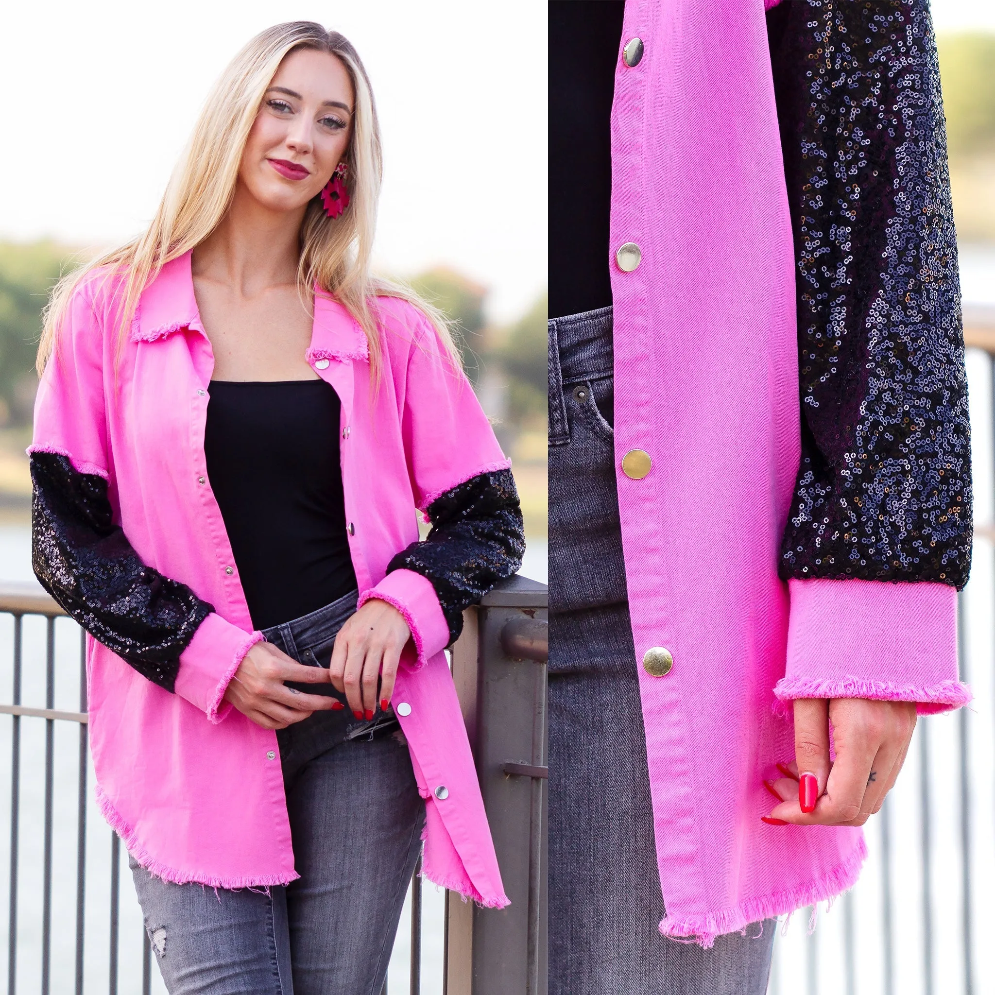 Pink Denim Shacket with black sequin sleeves