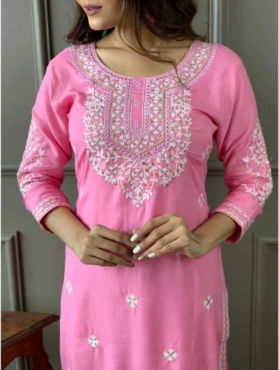 Pink Rayon Kurta, Pant with Dupatta Set of 3