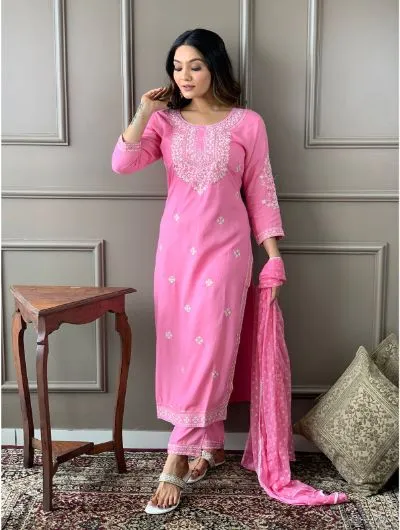 Pink Rayon Kurta, Pant with Dupatta Set of 3