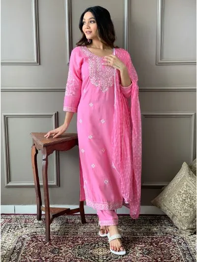 Pink Rayon Kurta, Pant with Dupatta Set of 3