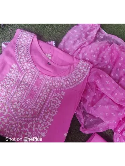 Pink Rayon Kurta, Pant with Dupatta Set of 3