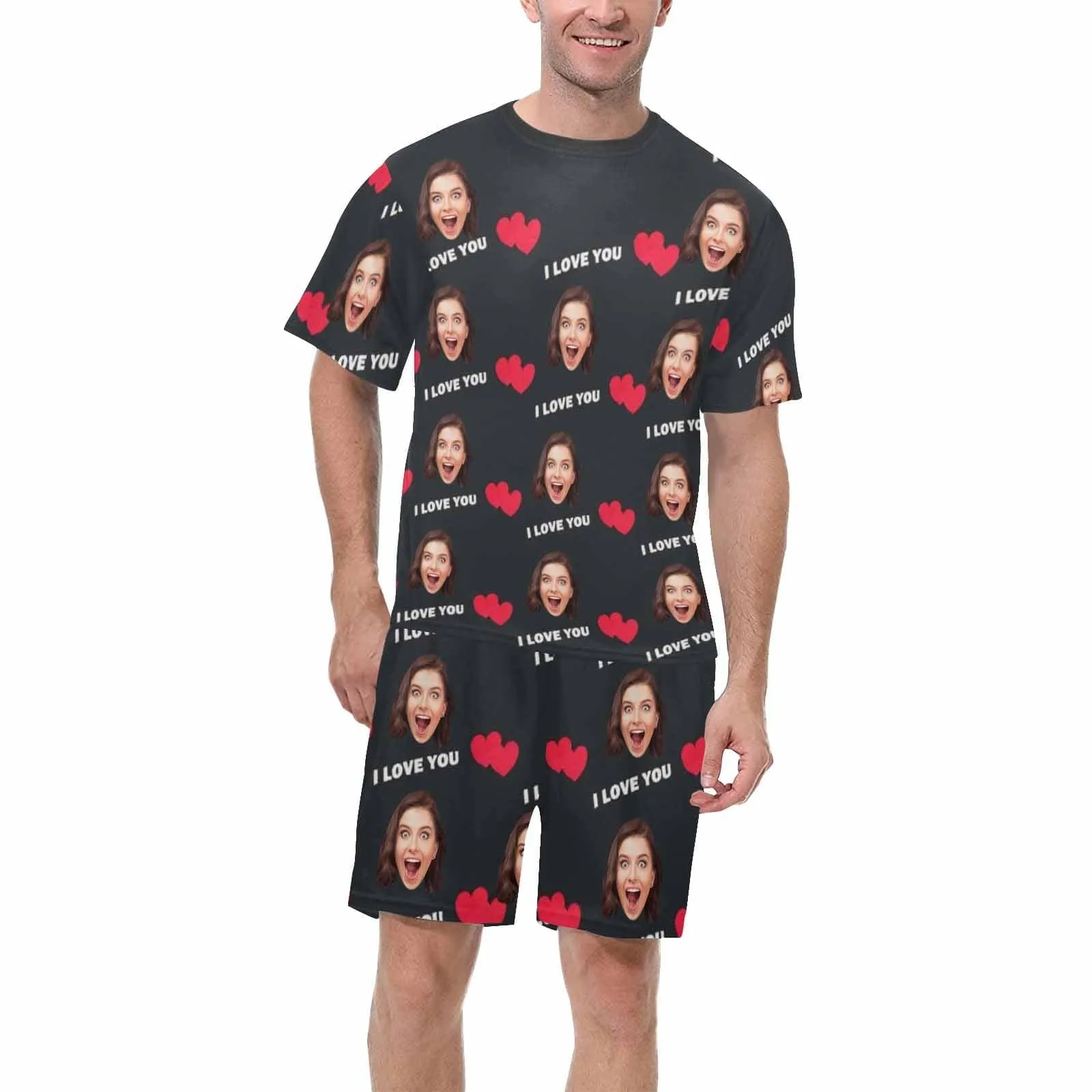 PRICE DROP-Custom Face Couple Pajamas Personalized Heart Black Background Couple Matching Crew Neck Short Pajama Set