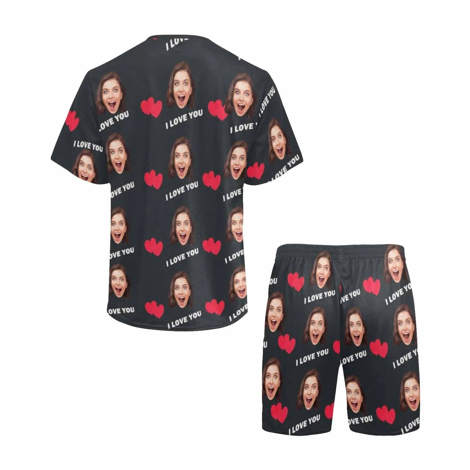 PRICE DROP-Custom Face Couple Pajamas Personalized Heart Black Background Couple Matching Crew Neck Short Pajama Set