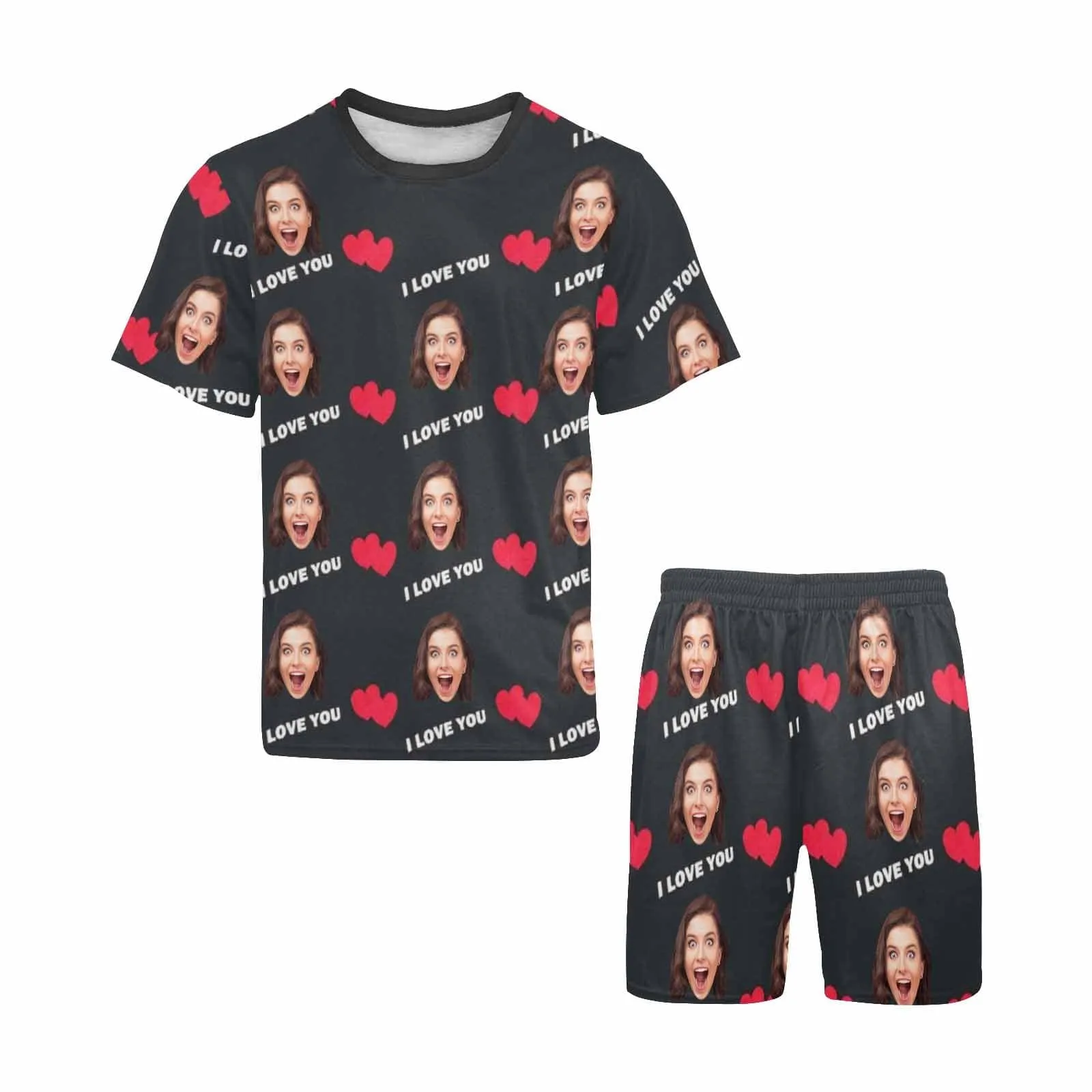 PRICE DROP-Custom Face Couple Pajamas Personalized Heart Black Background Couple Matching Crew Neck Short Pajama Set