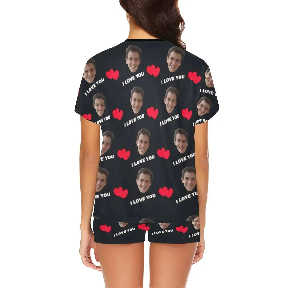 PRICE DROP-Custom Face Couple Pajamas Personalized Heart Black Background Couple Matching Crew Neck Short Pajama Set