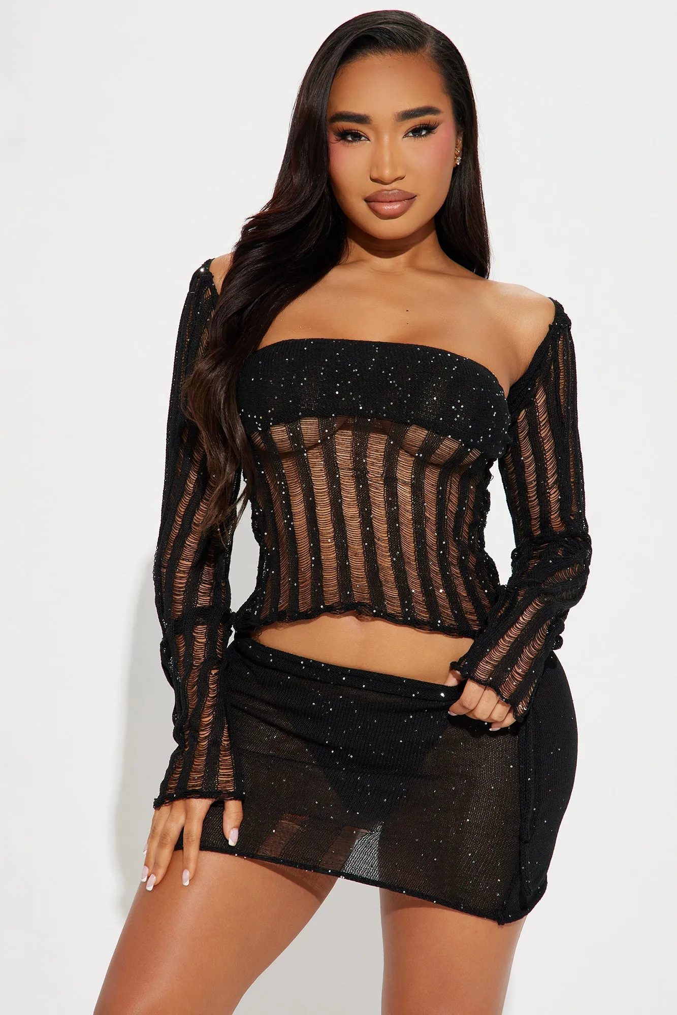 Rae Sequin Crochet 3 Piece Cover Up Skirt Set - Black