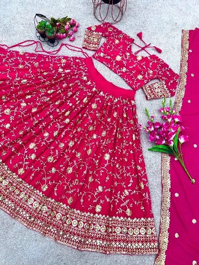 Rani Pink Georgette Embroidery Sequence Work Stitched Lehenga Choli Set