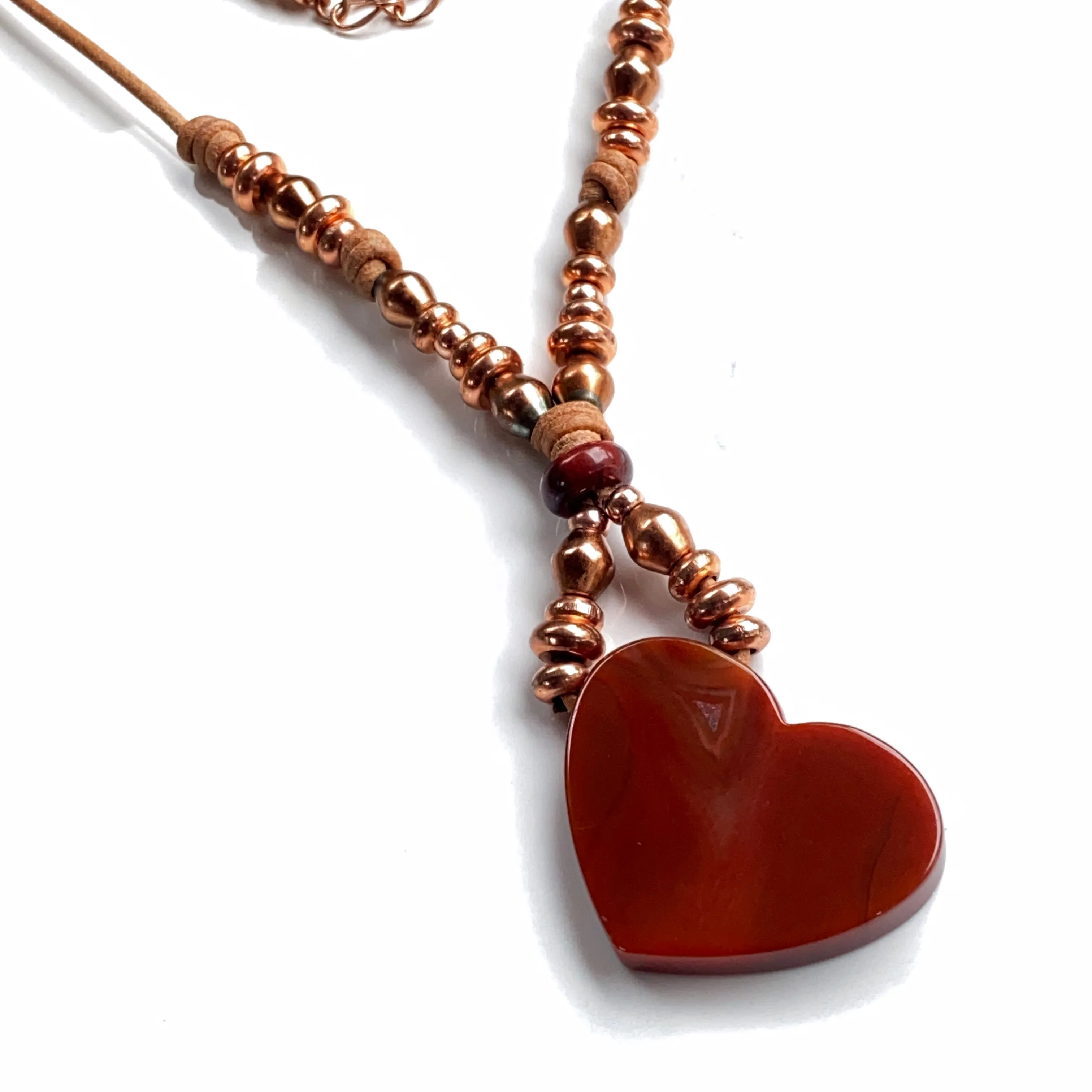 Red Agate gemstone Heart, Red Jasper, and Copper Boho Leather Necklace