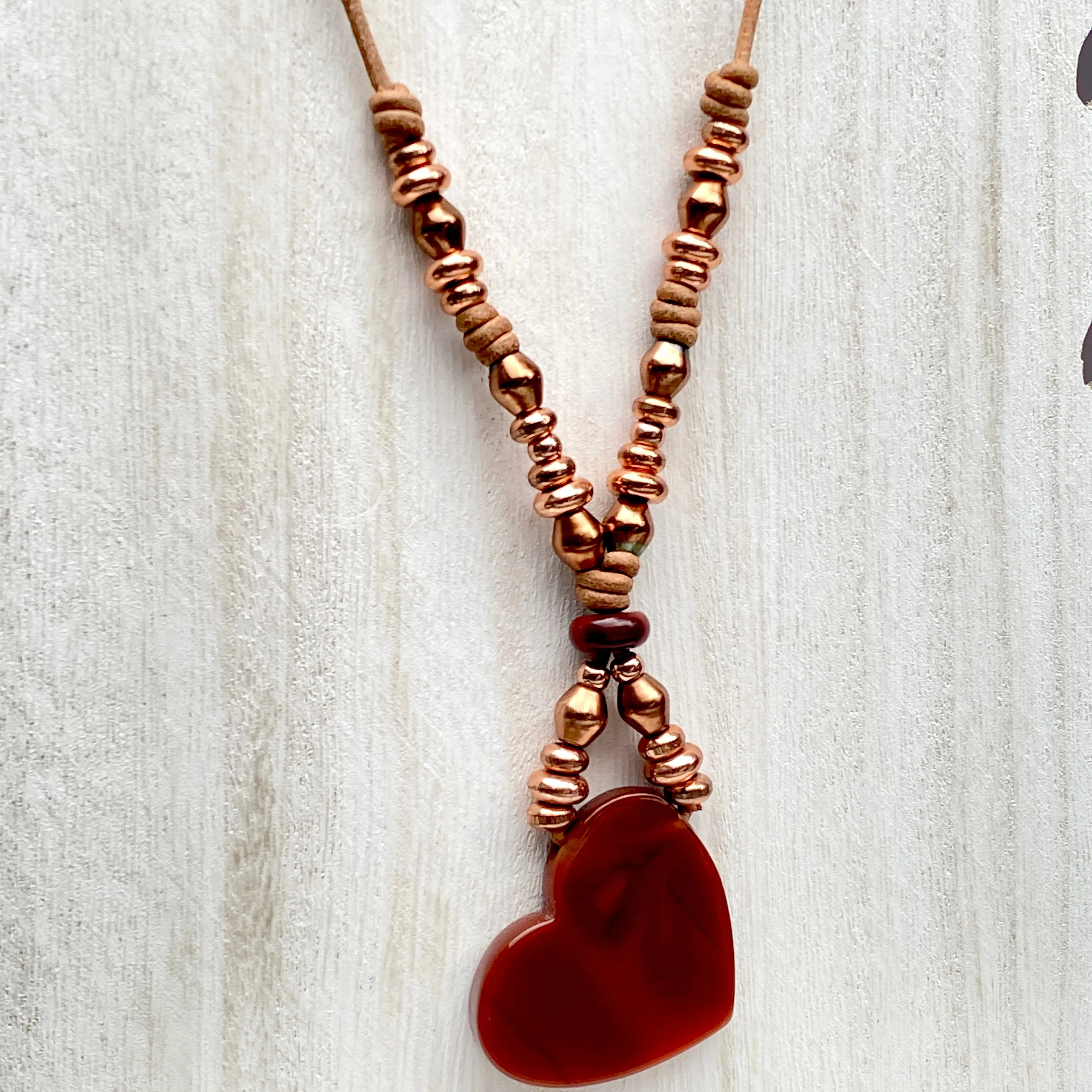 Red Agate gemstone Heart, Red Jasper, and Copper Boho Leather Necklace