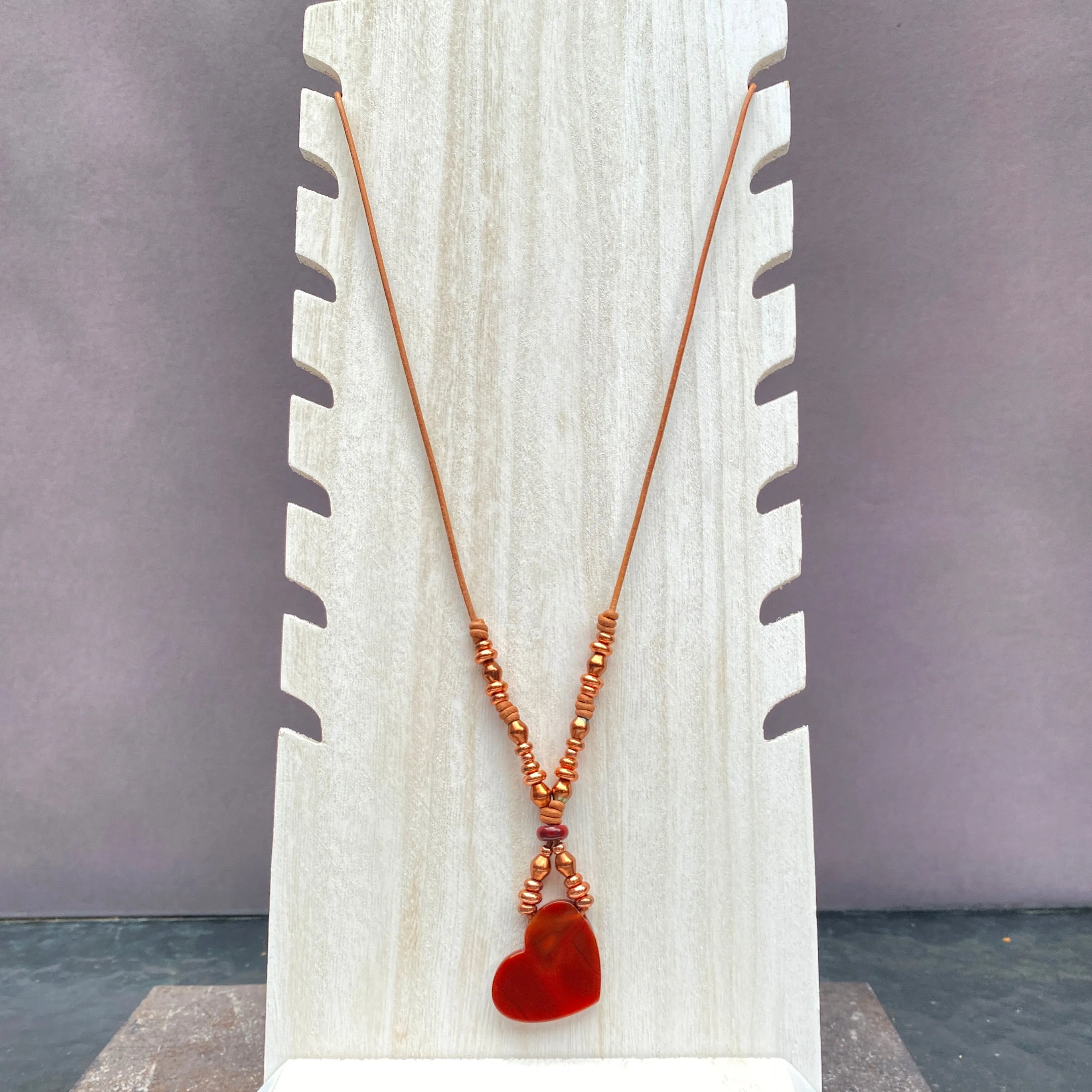 Red Agate gemstone Heart, Red Jasper, and Copper Boho Leather Necklace