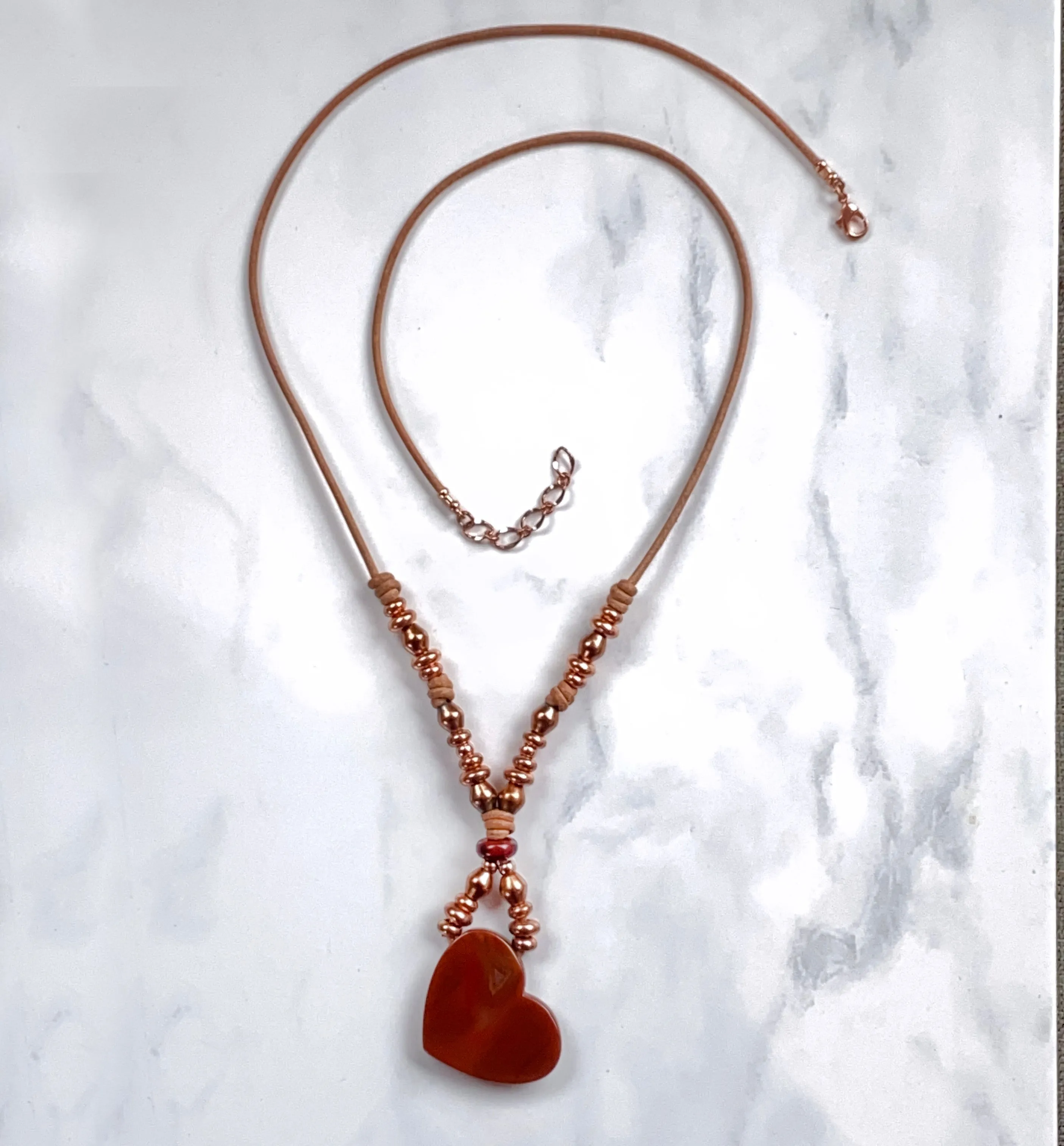 Red Agate gemstone Heart, Red Jasper, and Copper Boho Leather Necklace