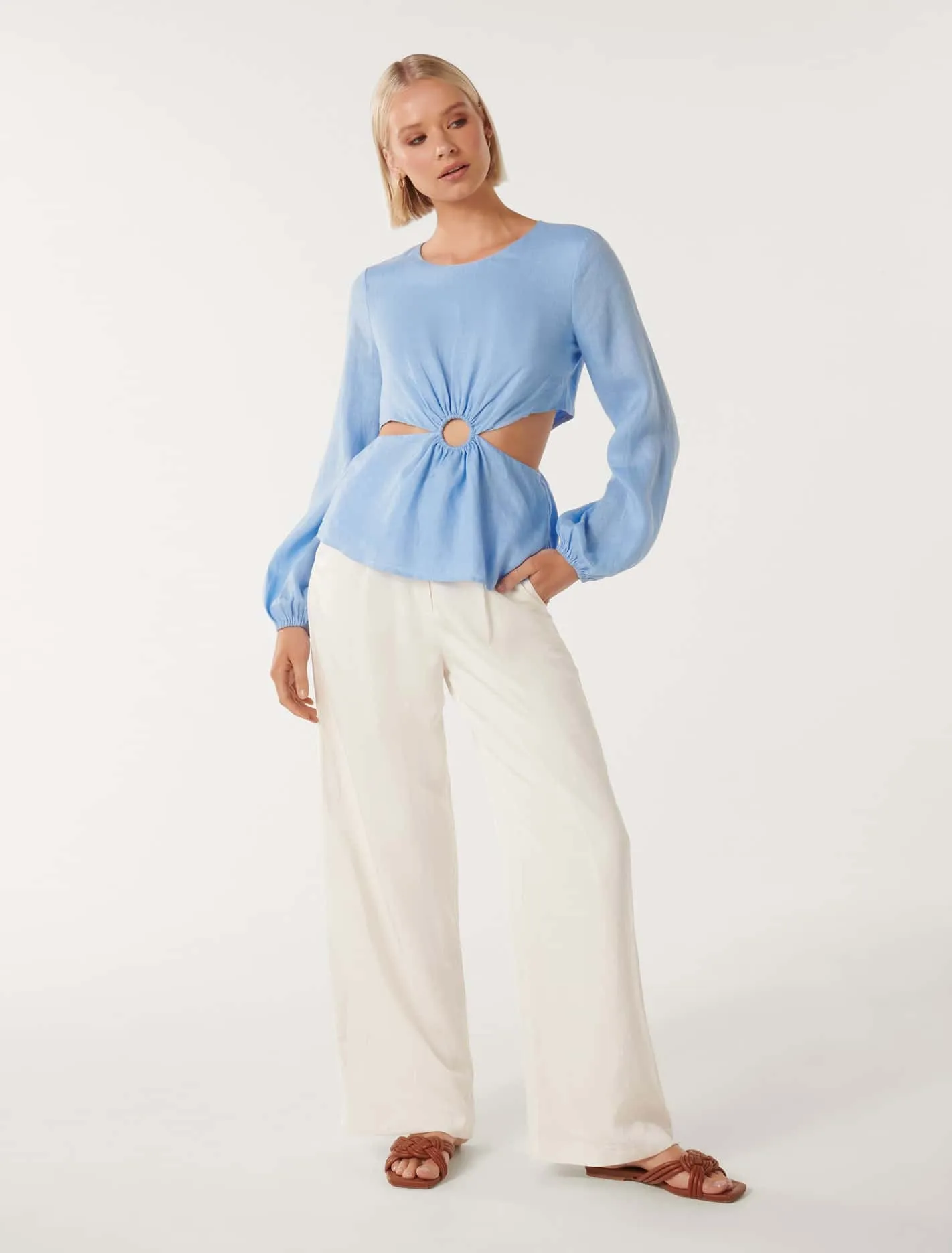 Ria Ring Detail Cutout Linen Top