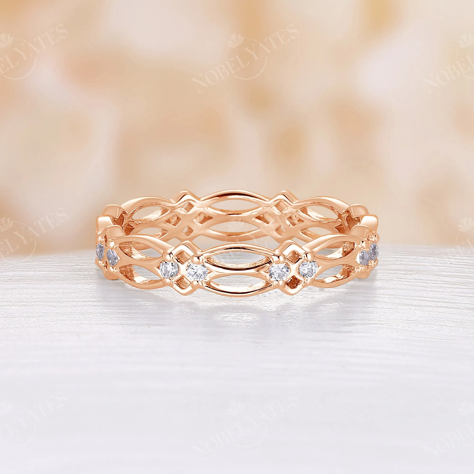 Round Cut Moissanite Celtic Full Eternity Wedding Band Rose Gold