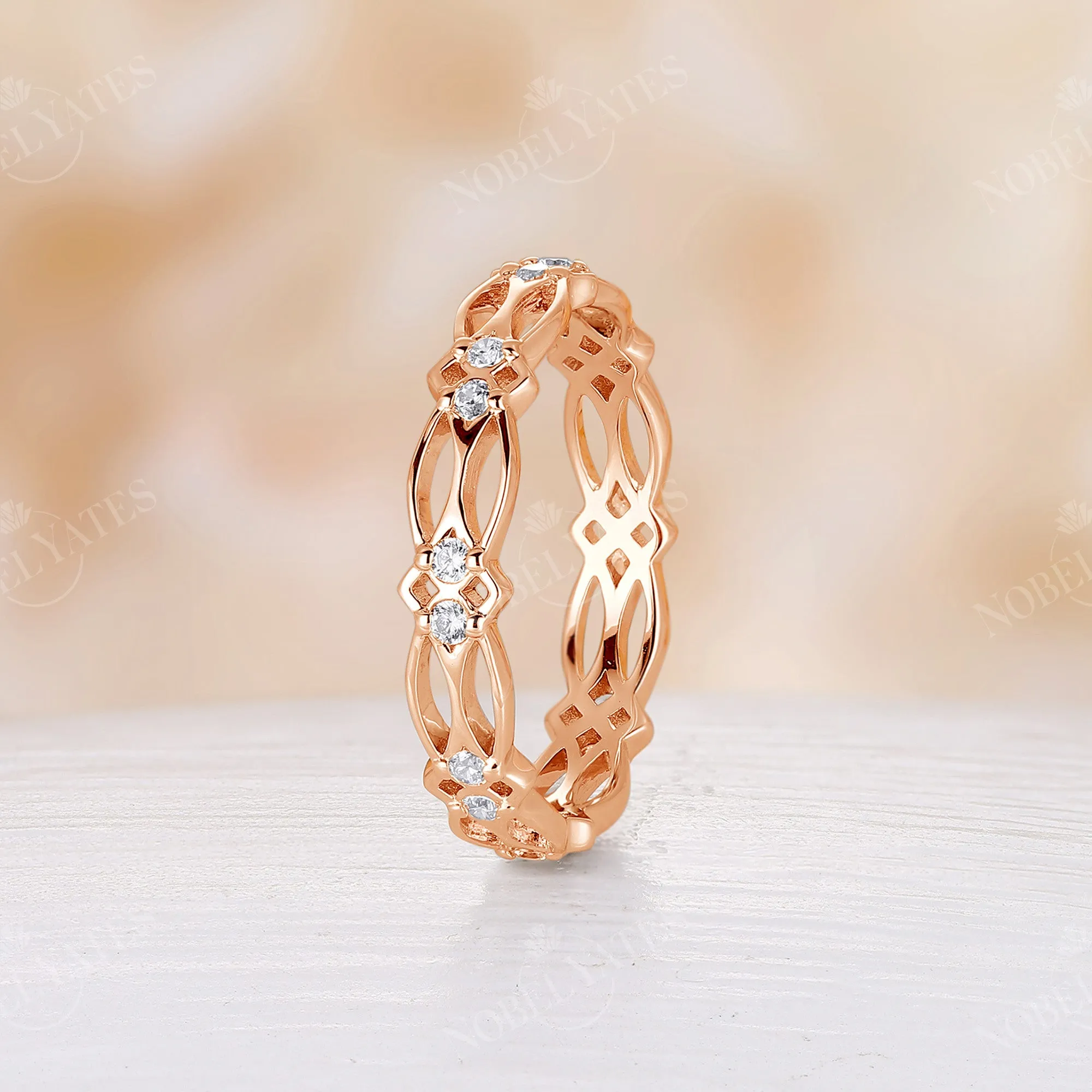 Round Cut Moissanite Celtic Full Eternity Wedding Band Rose Gold