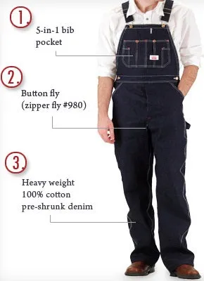 Sale: Zipper Fly Blue Denim Bib Overalls by ROUND HOUSE Made in USA 980