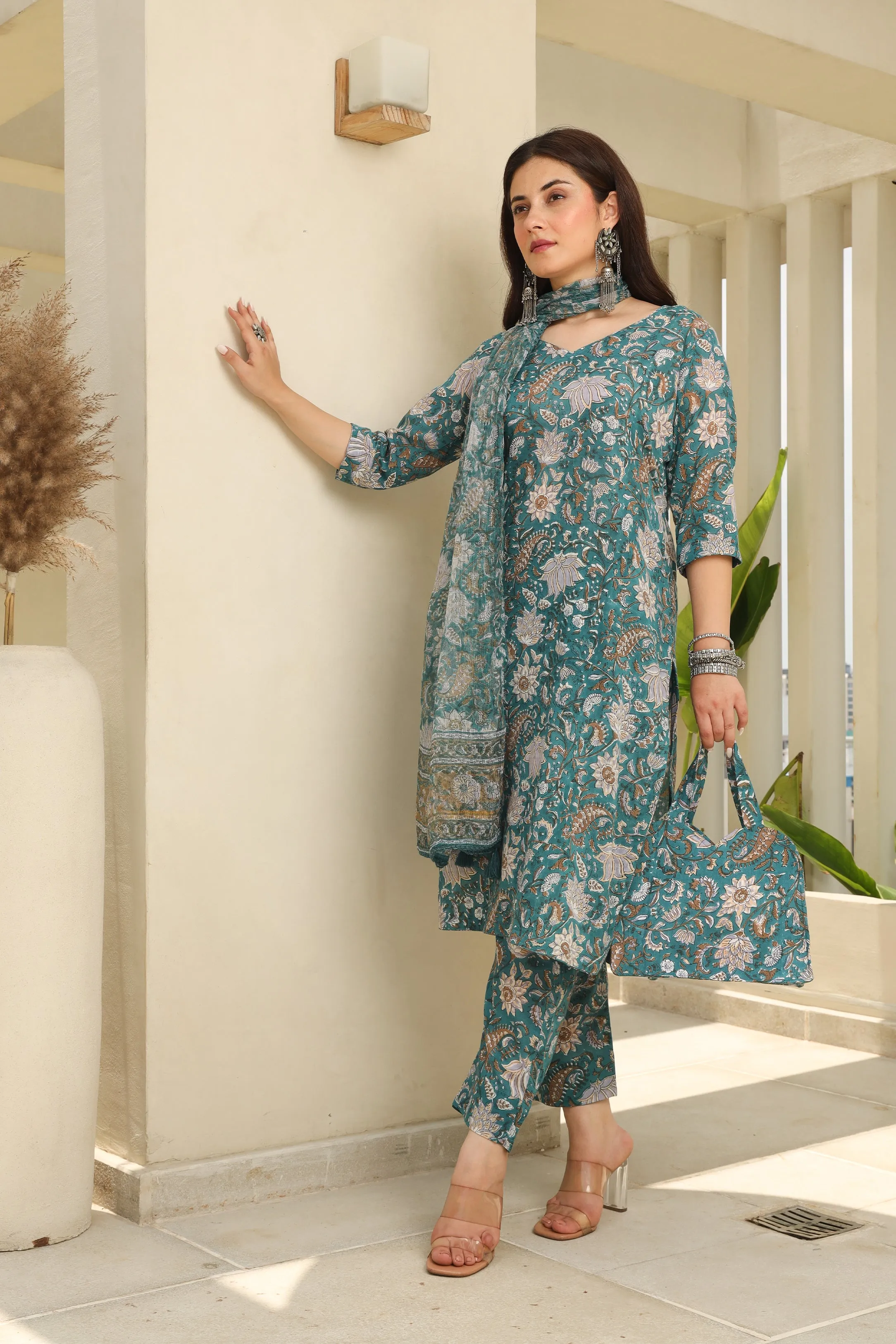 Sea Green Flowery Cotton Handblock Print Suit Set