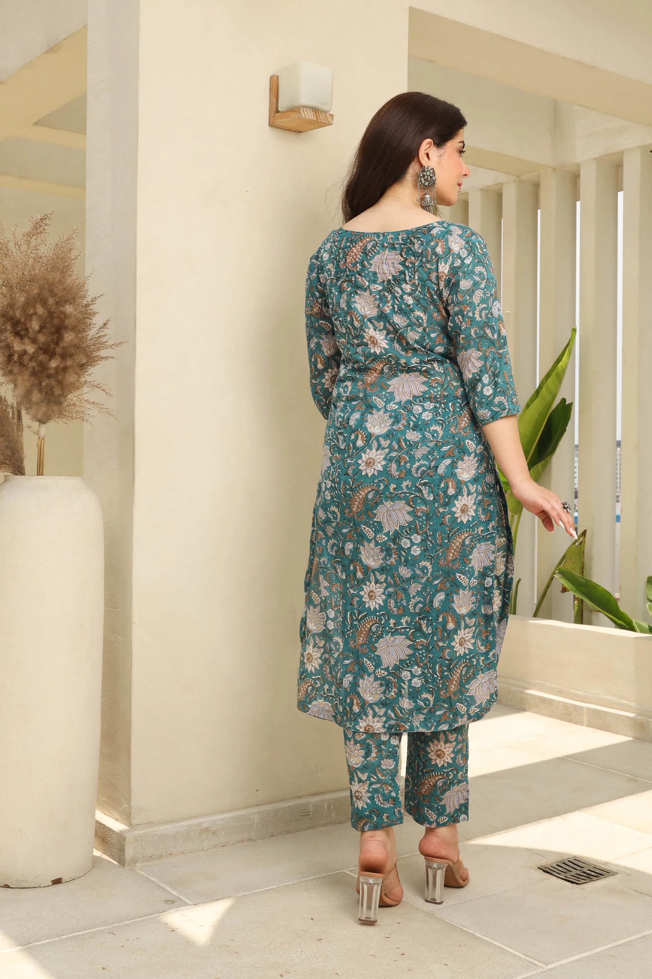 Sea Green Flowery Cotton Handblock Print Suit Set