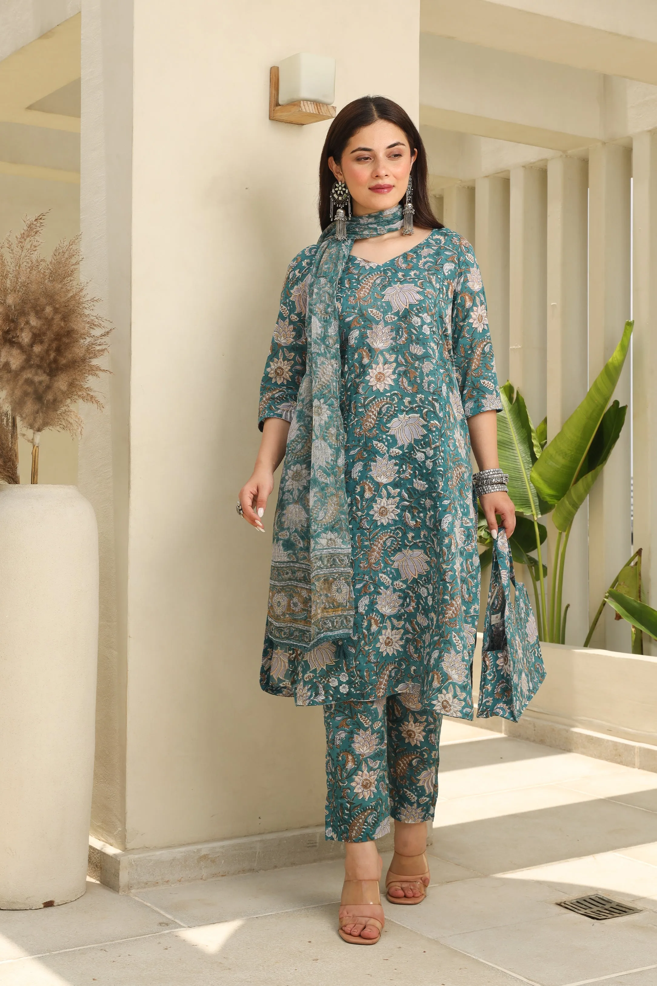 Sea Green Flowery Cotton Handblock Print Suit Set