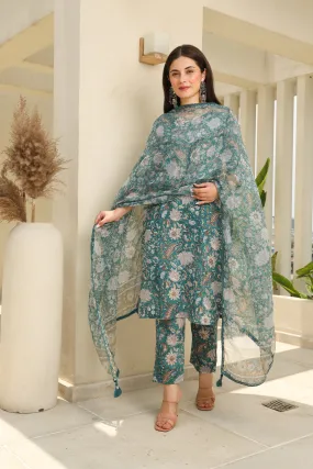 Sea Green Flowery Cotton Handblock Print Suit Set